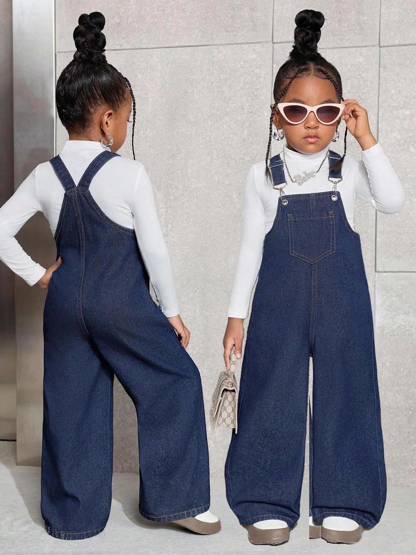 Pantalon salopette en jean bleu marine pour jeune fille — vue 3
