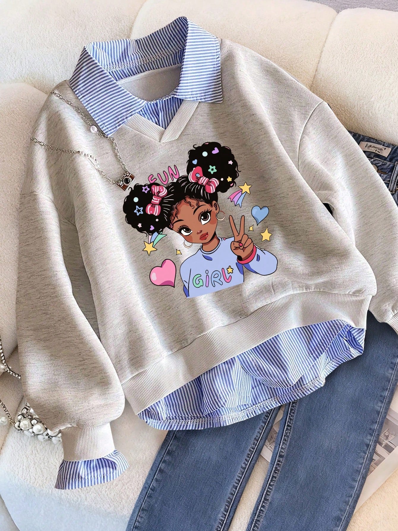 Ensemble de Sweat-shirts chauds avec imprimé de personnage de dessin animé et rayures