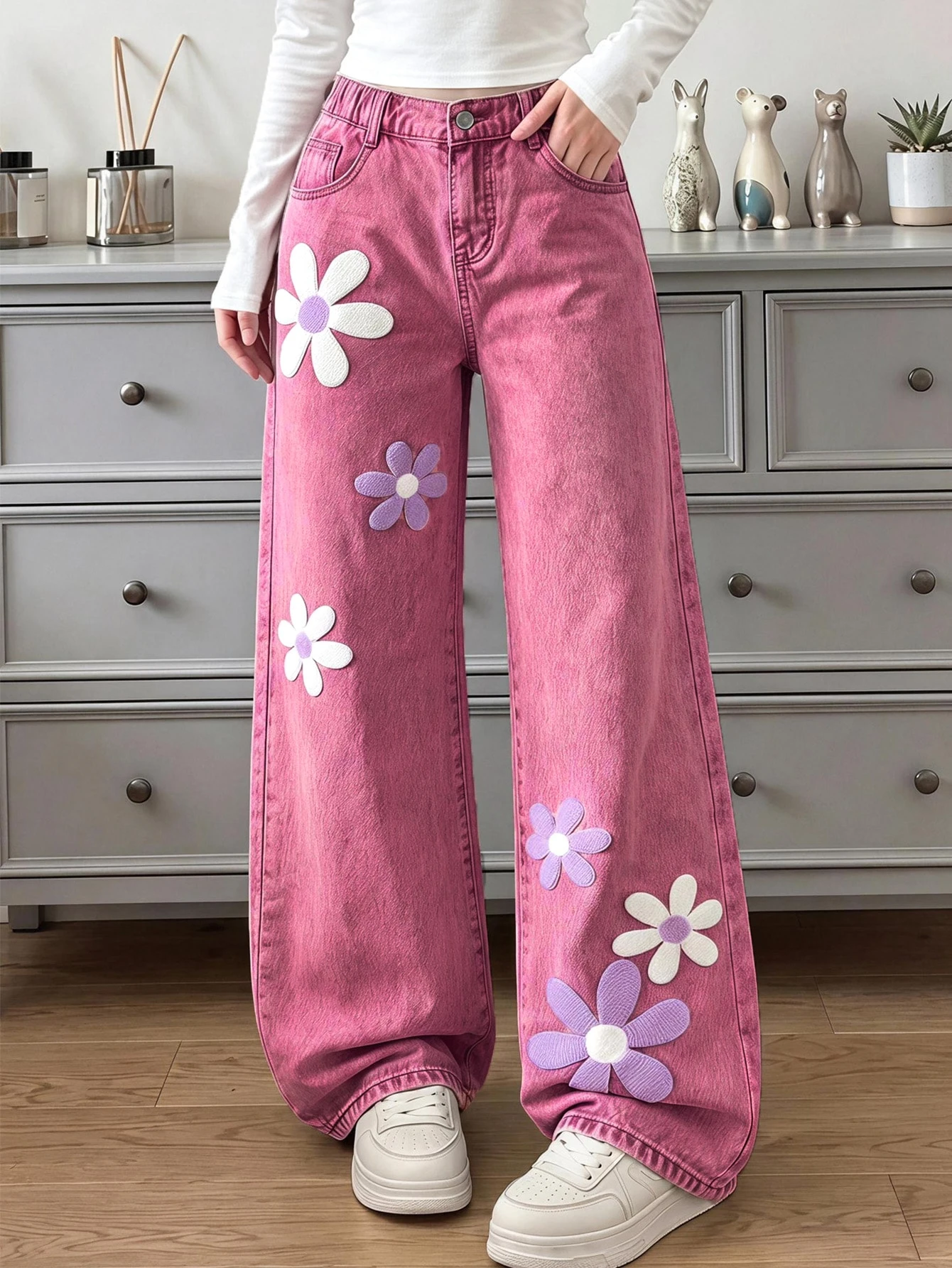 ChillGRL Jeans en denim à jambes larges pour fille préadolescente, nouvelle mode