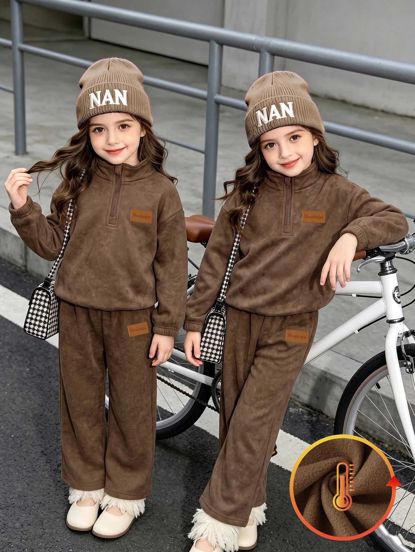 Ensemble Jeune Fille à Pois Café au Lait Doux, Sweat-shirt en Polaire à Col Montant — vue 10