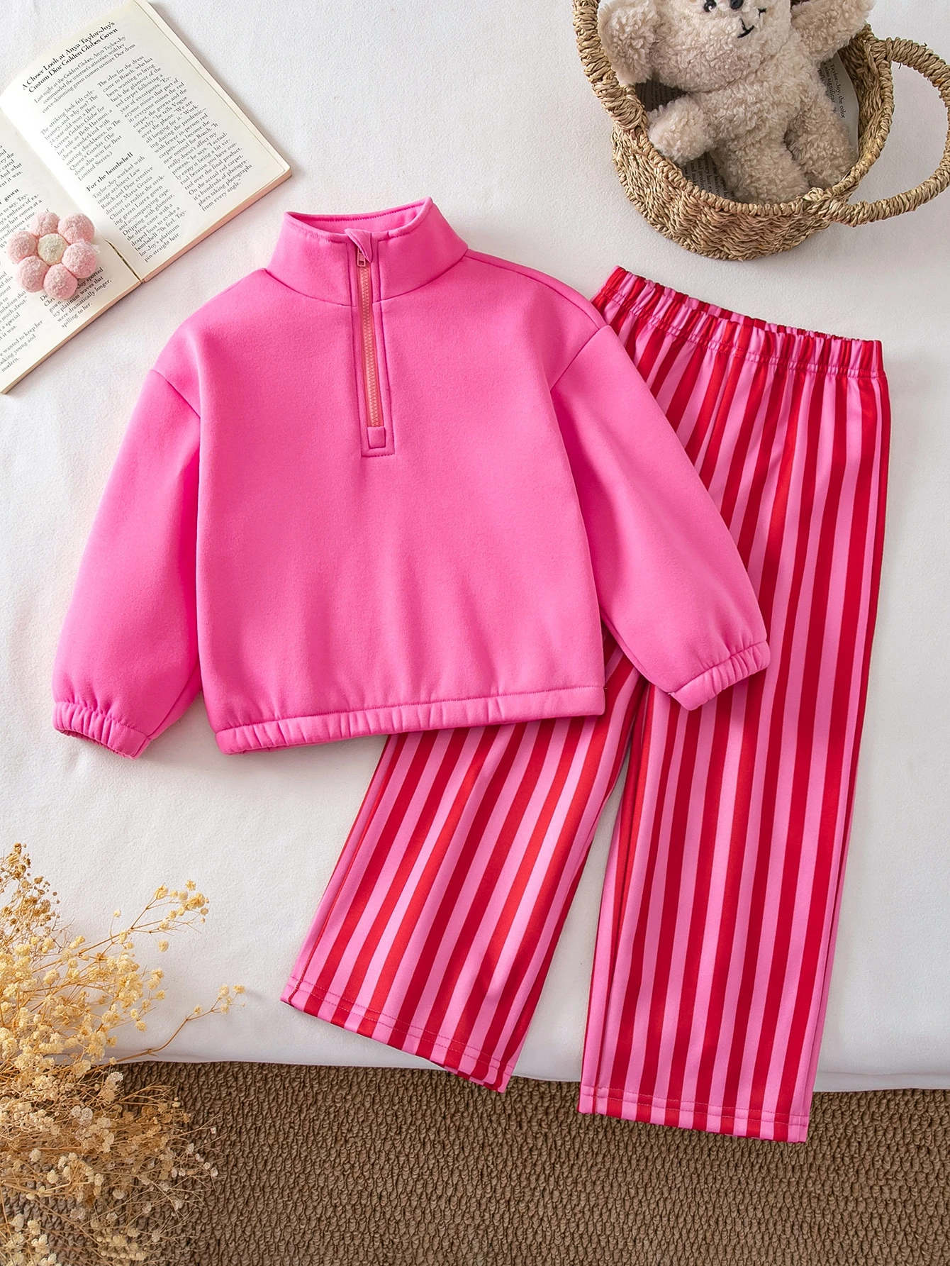Ensemble Jeune Fille à Pois Café au Lait Doux, Sweat-shirt en Polaire à Col Montant — vue 7