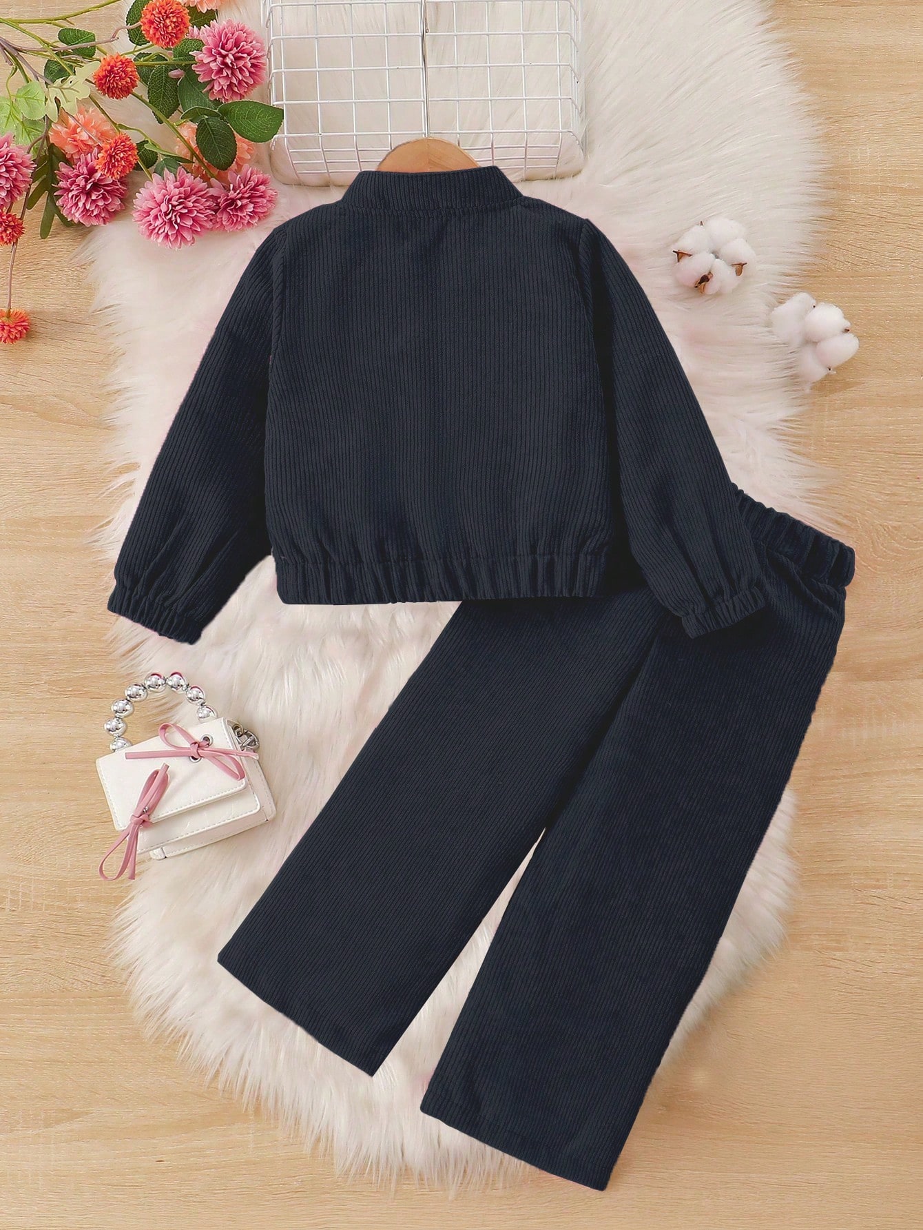 /Set Veste et pantalon en velours côtelé doux et confortable de couleur unie pour filles, — vue 9