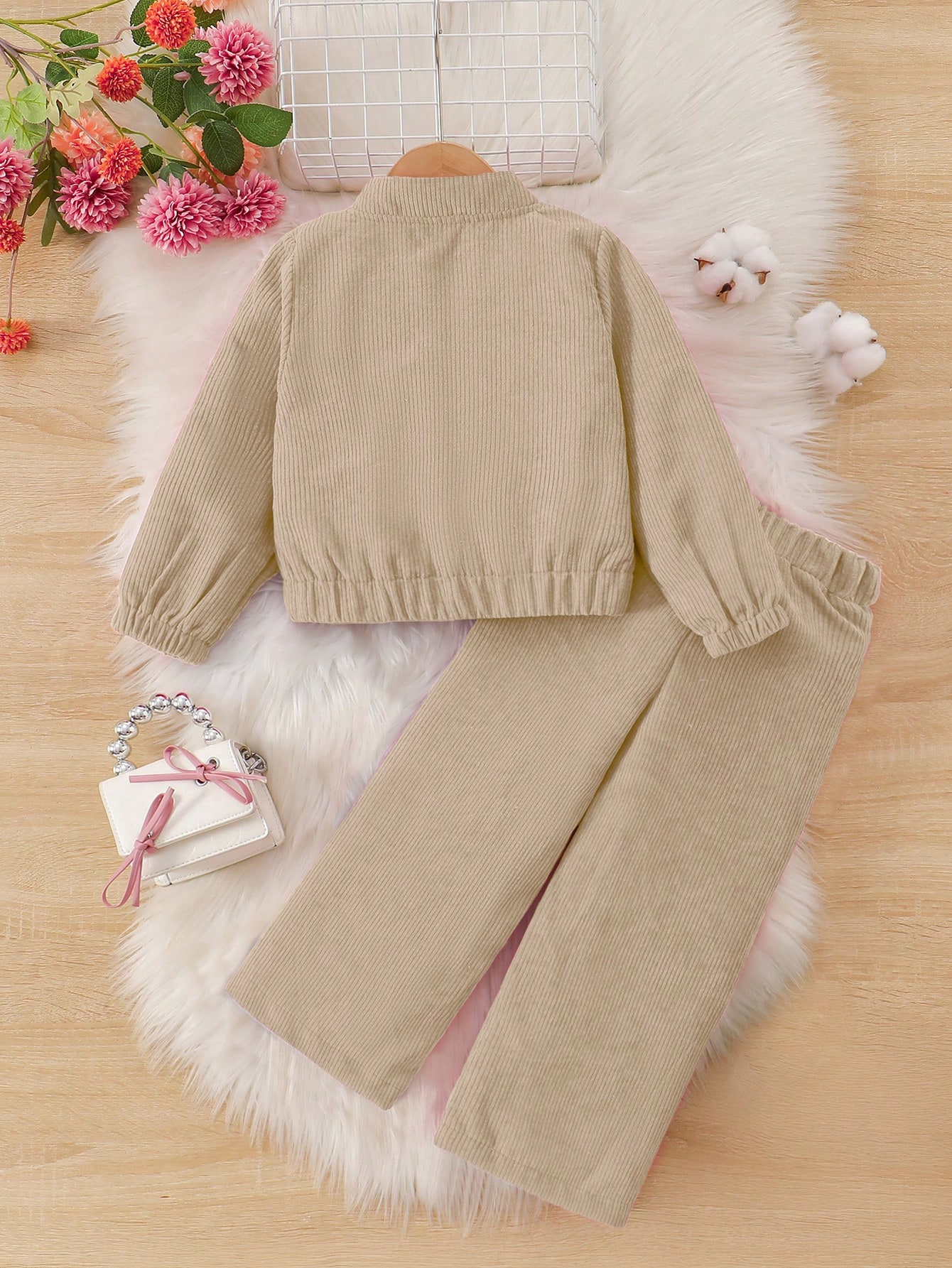 /Set Veste et pantalon en velours côtelé doux et confortable de couleur unie pour filles, — vue 10