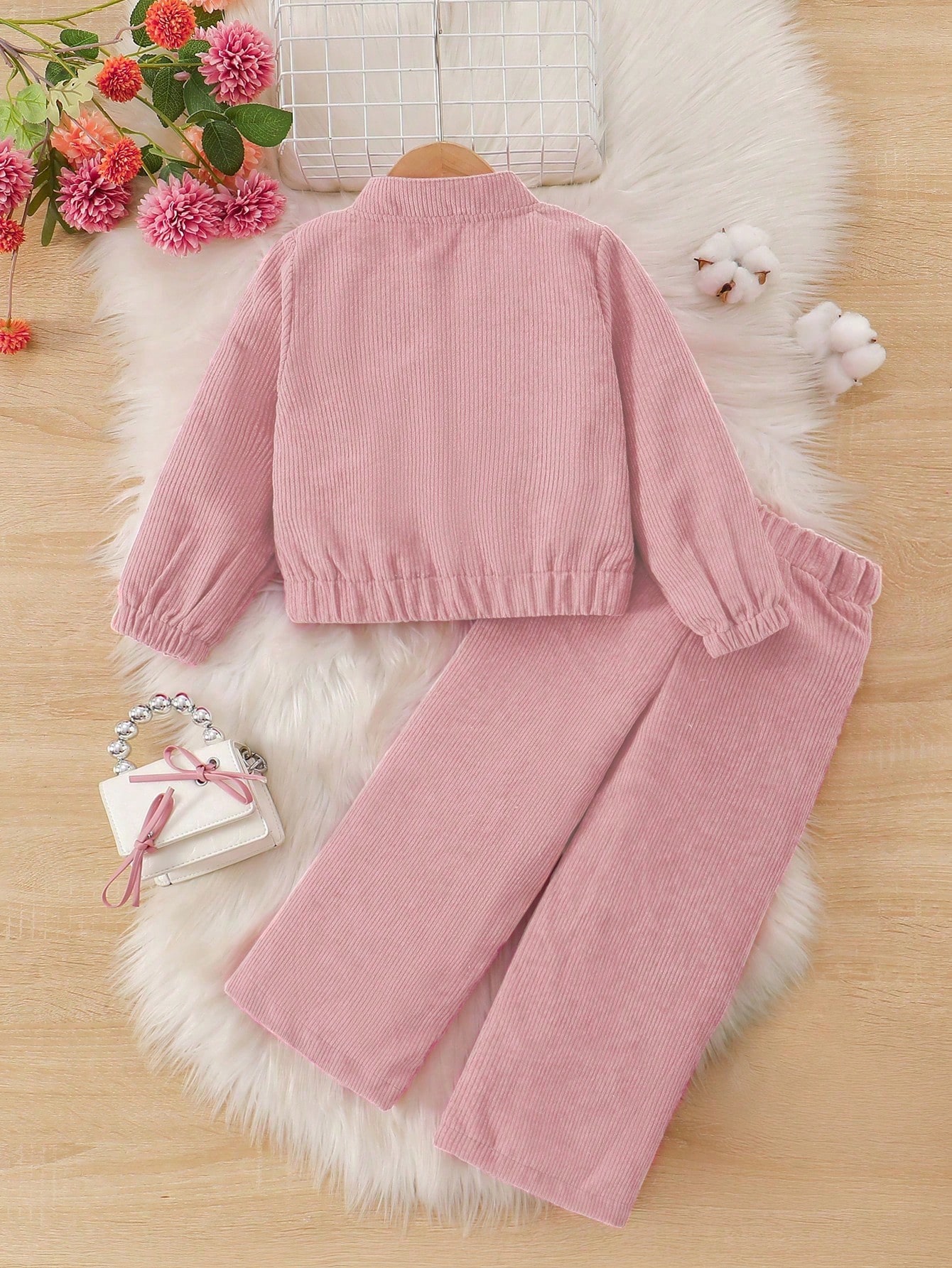 /Set Veste et pantalon en velours côtelé doux et confortable de couleur unie pour filles, — vue 8