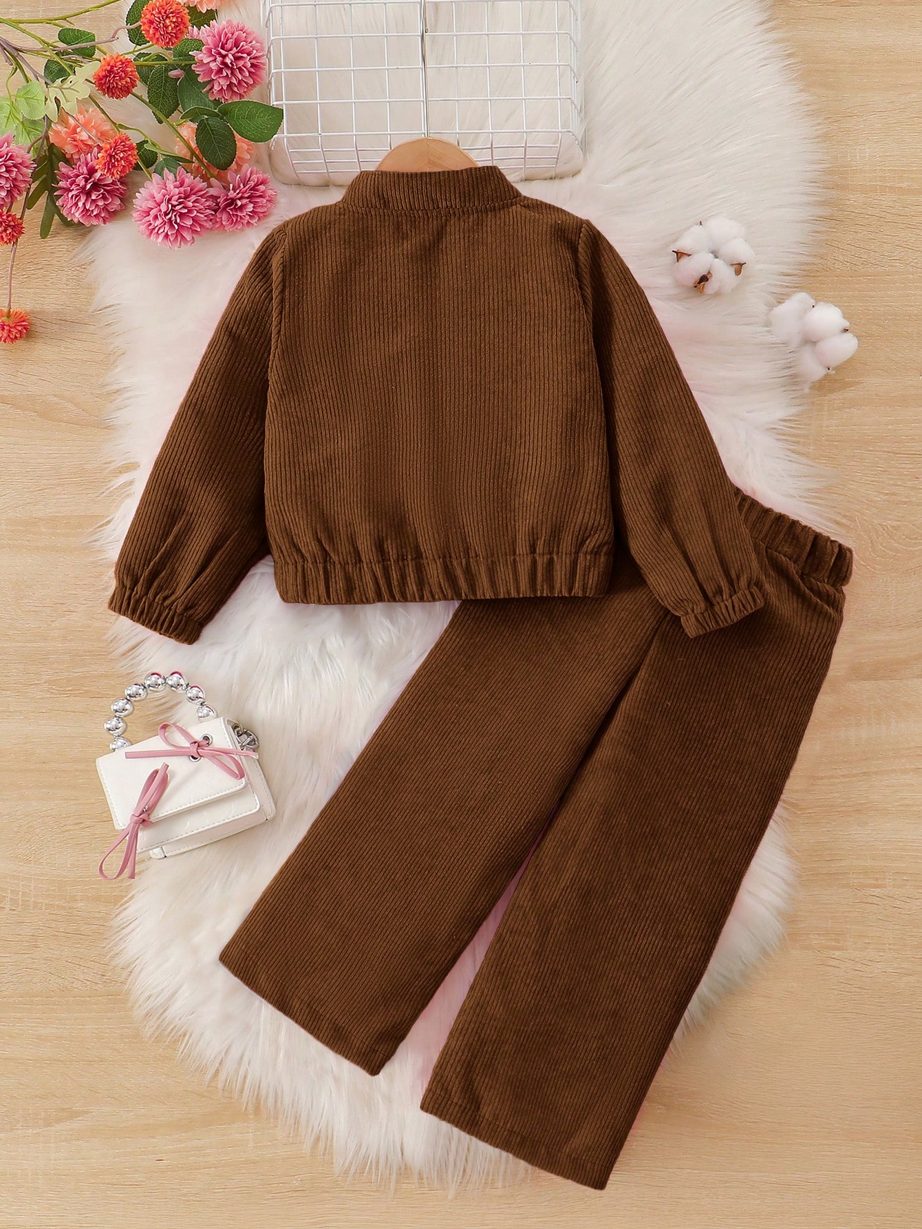/Set Veste et pantalon en velours côtelé doux et confortable de couleur unie pour filles, — vue 7