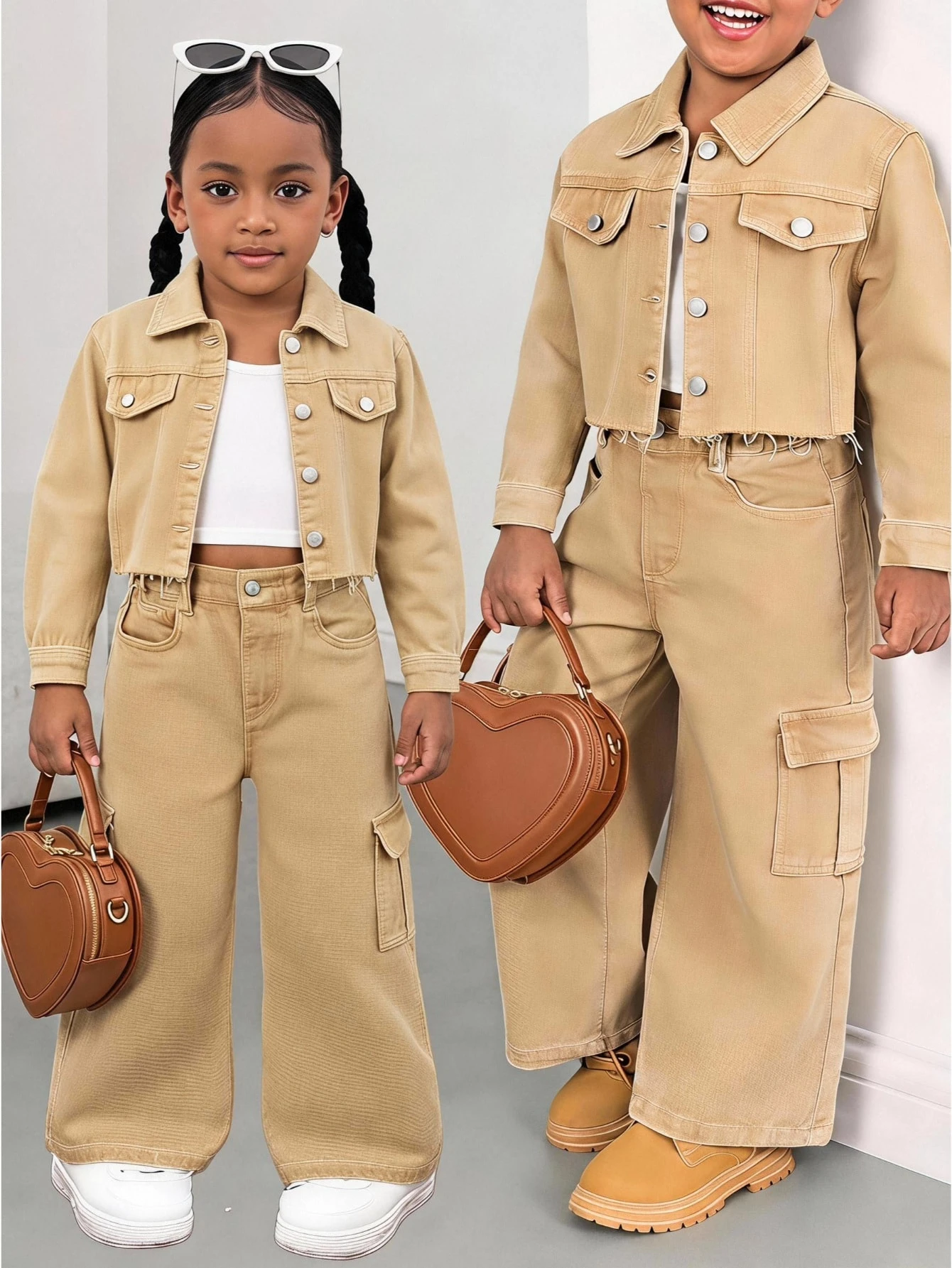 Enfants 2 pièces/Set Jeunes Filles Y2k Chic Coton Imprimé Léopard Veste Courte en Denim & — vue 4