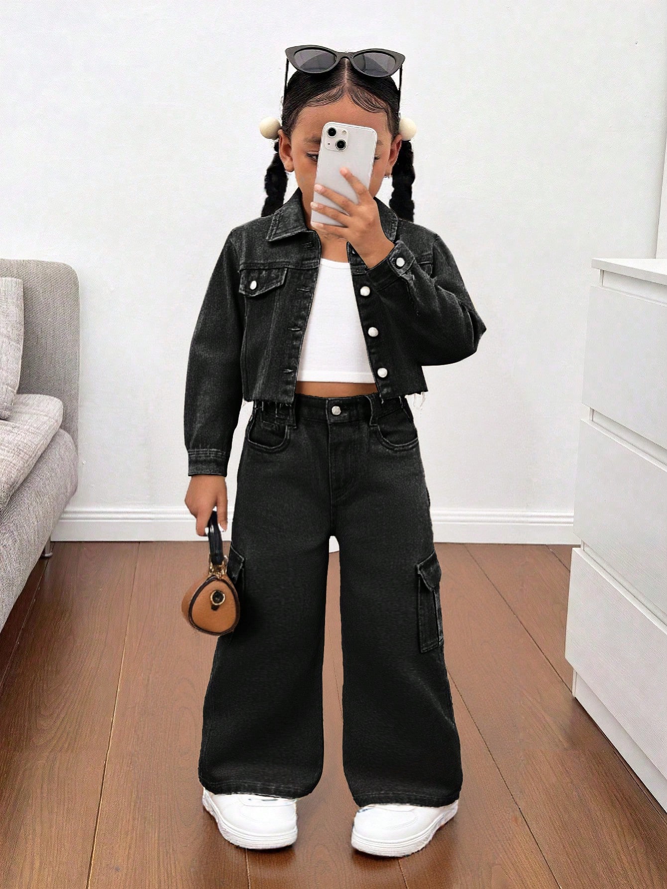 Enfants 2 pièces/Set Jeunes Filles Y2k Chic Coton Imprimé Léopard Veste Courte en Denim & — vue 2