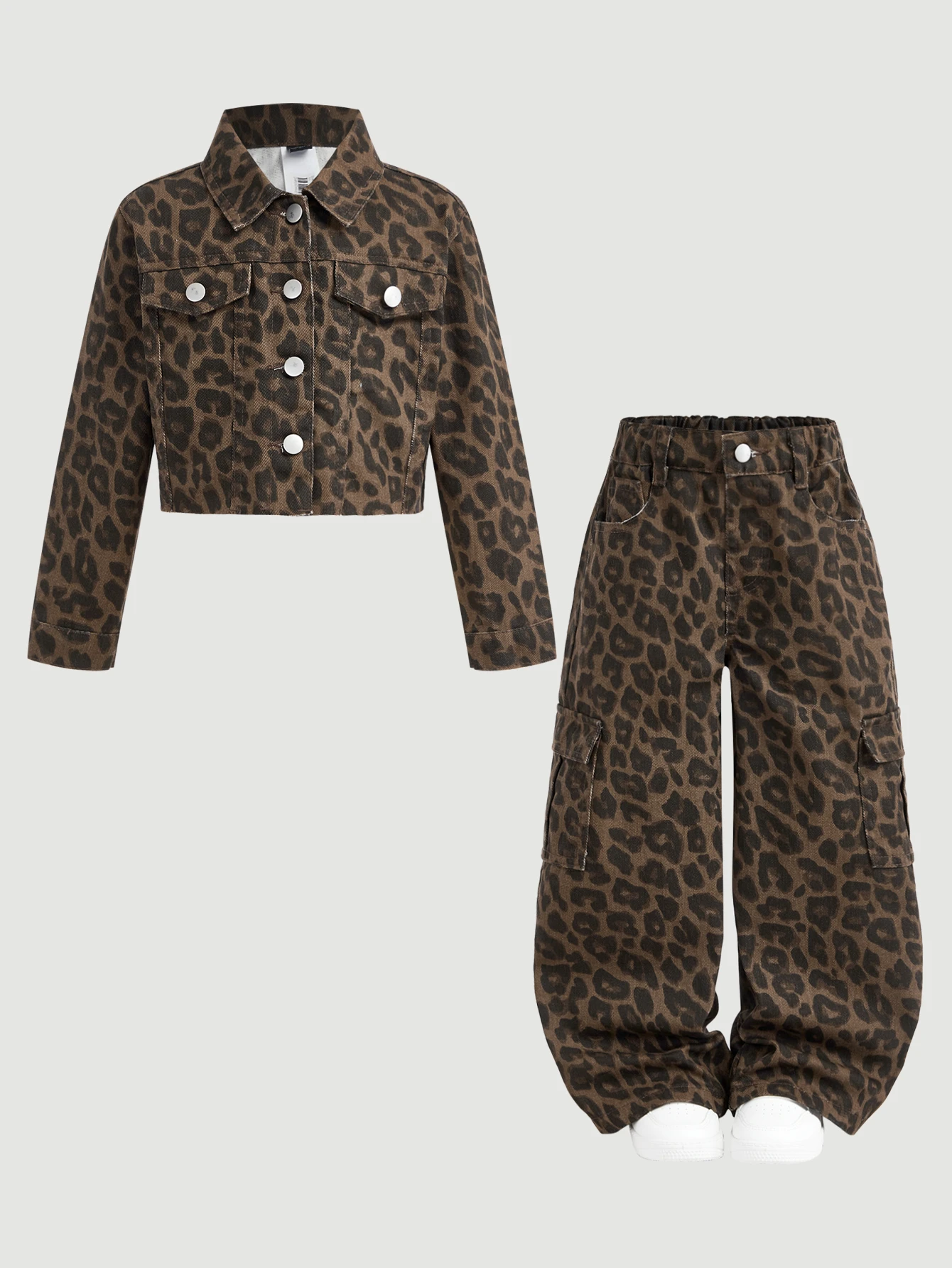 Enfants 2 pièces/Set Jeunes Filles Y2k Chic Coton Imprimé Léopard Veste Courte en Denim & — vue 6