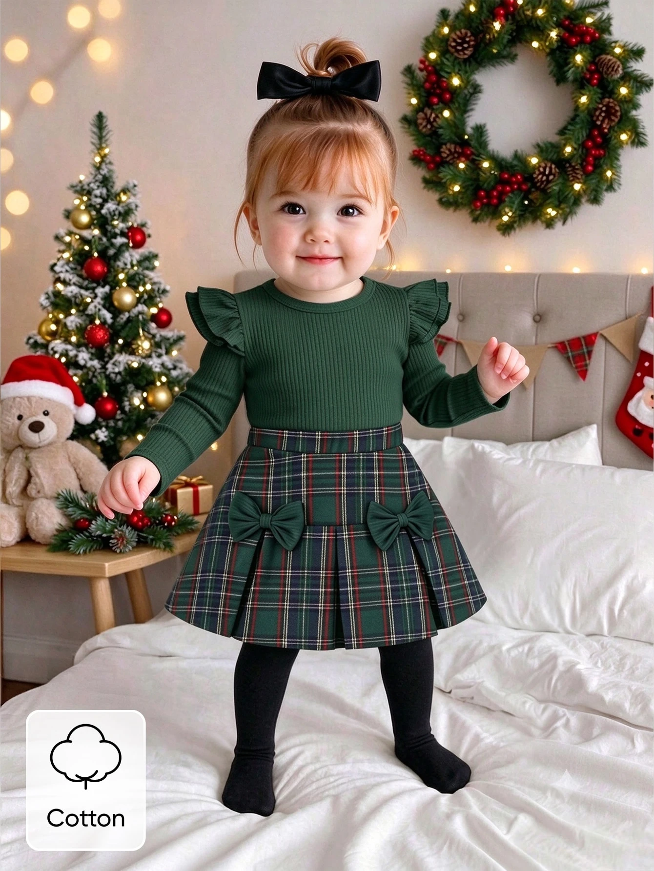 Ensemble Top pull col rond noir élégant avec nœud noir et jupe plaid marron pour — vue 4