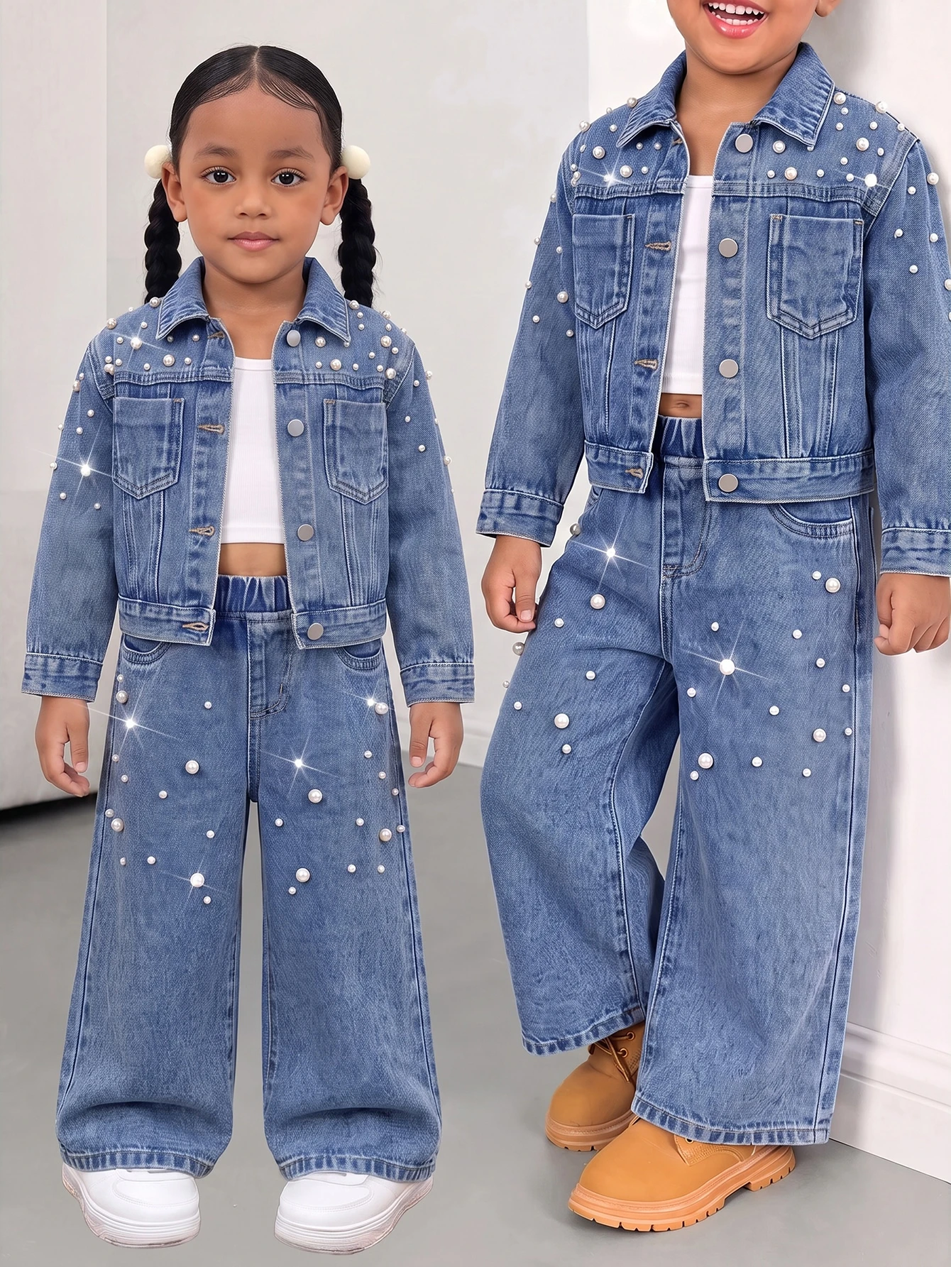 Enfants 2 pièces/Set Jeunes Filles Y2k Chic Coton Imprimé Léopard Veste Courte en Denim & — vue 5