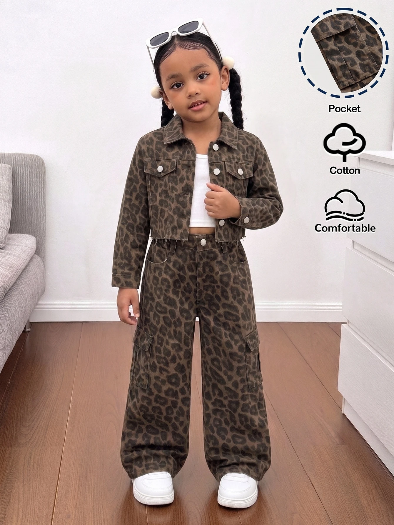 Enfants 2 pièces/Set Jeunes Filles Y2k Chic Coton Imprimé Léopard Veste Courte en Denim &