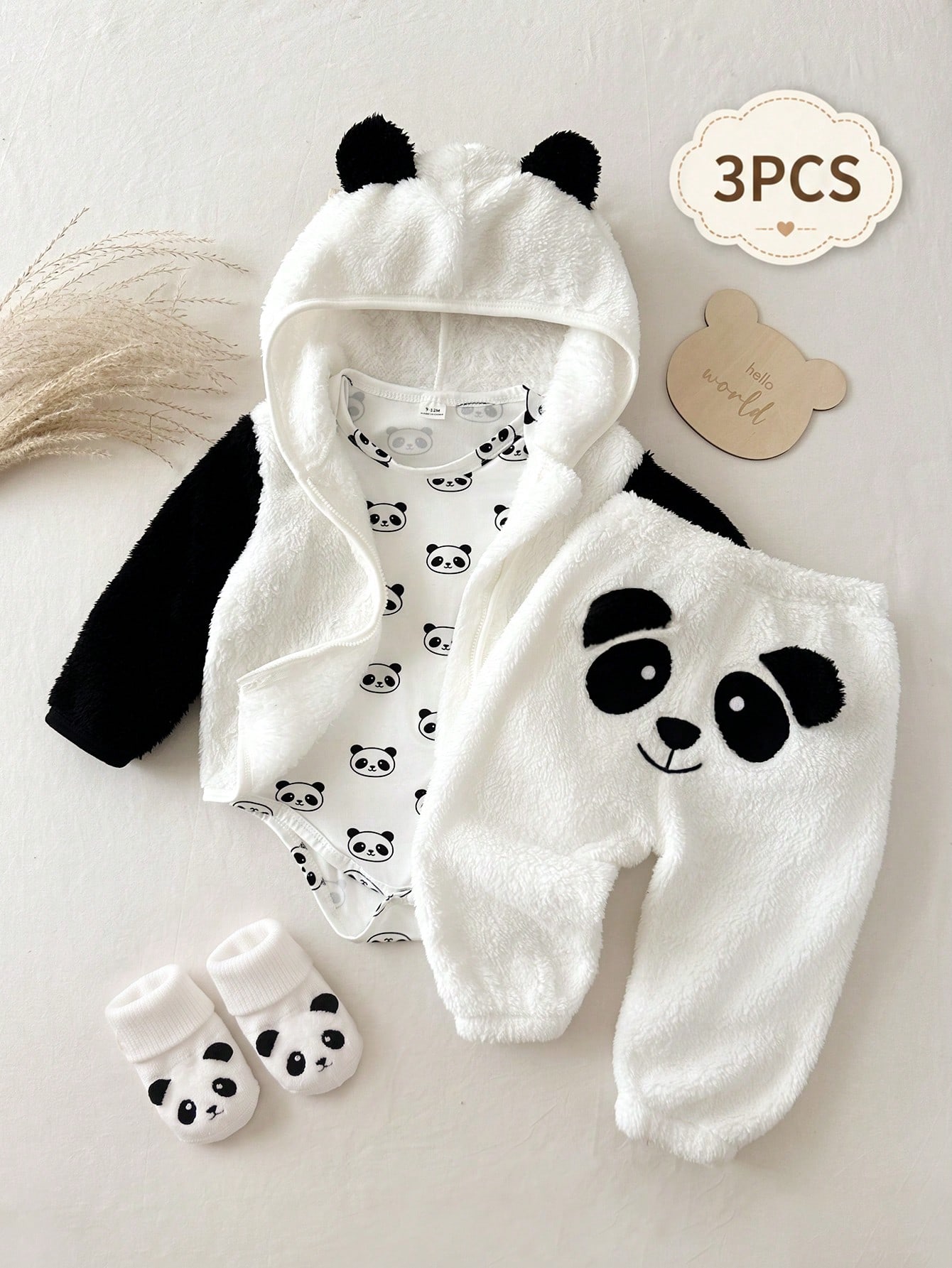 3 pièces Ensemble de vêtements pour bébé garçon, veste à capuche panda noir &