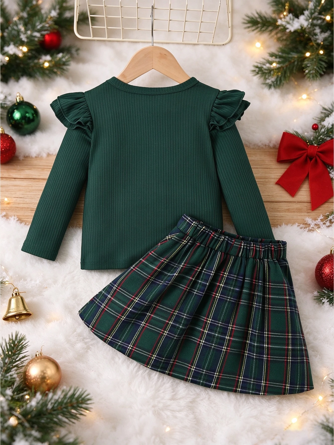 Ensemble Top pull col rond noir élégant avec nœud noir et jupe plaid marron pour — vue 11