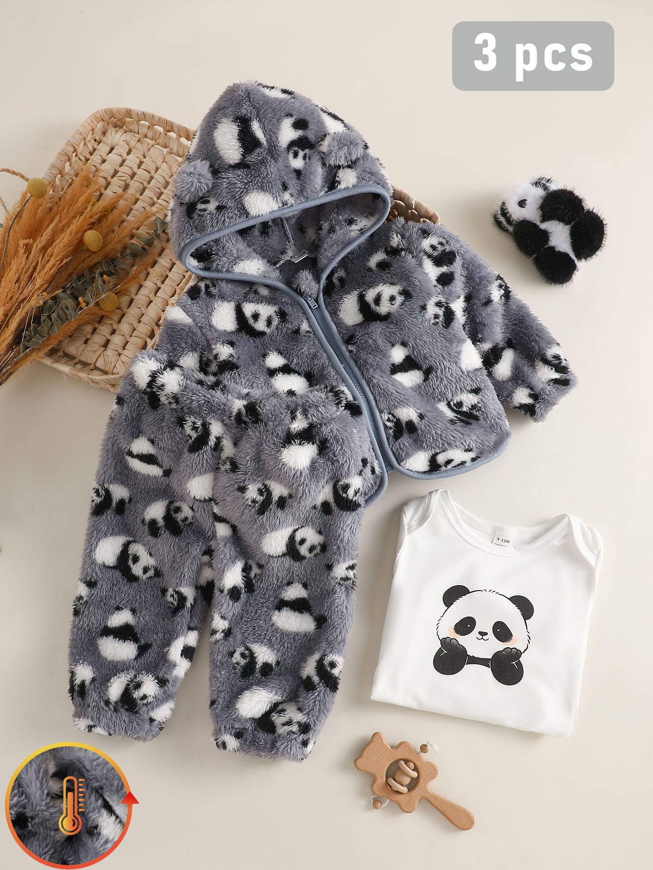 3 pièces Ensemble de vêtements pour bébé garçon, veste à capuche panda noir & — vue 3
