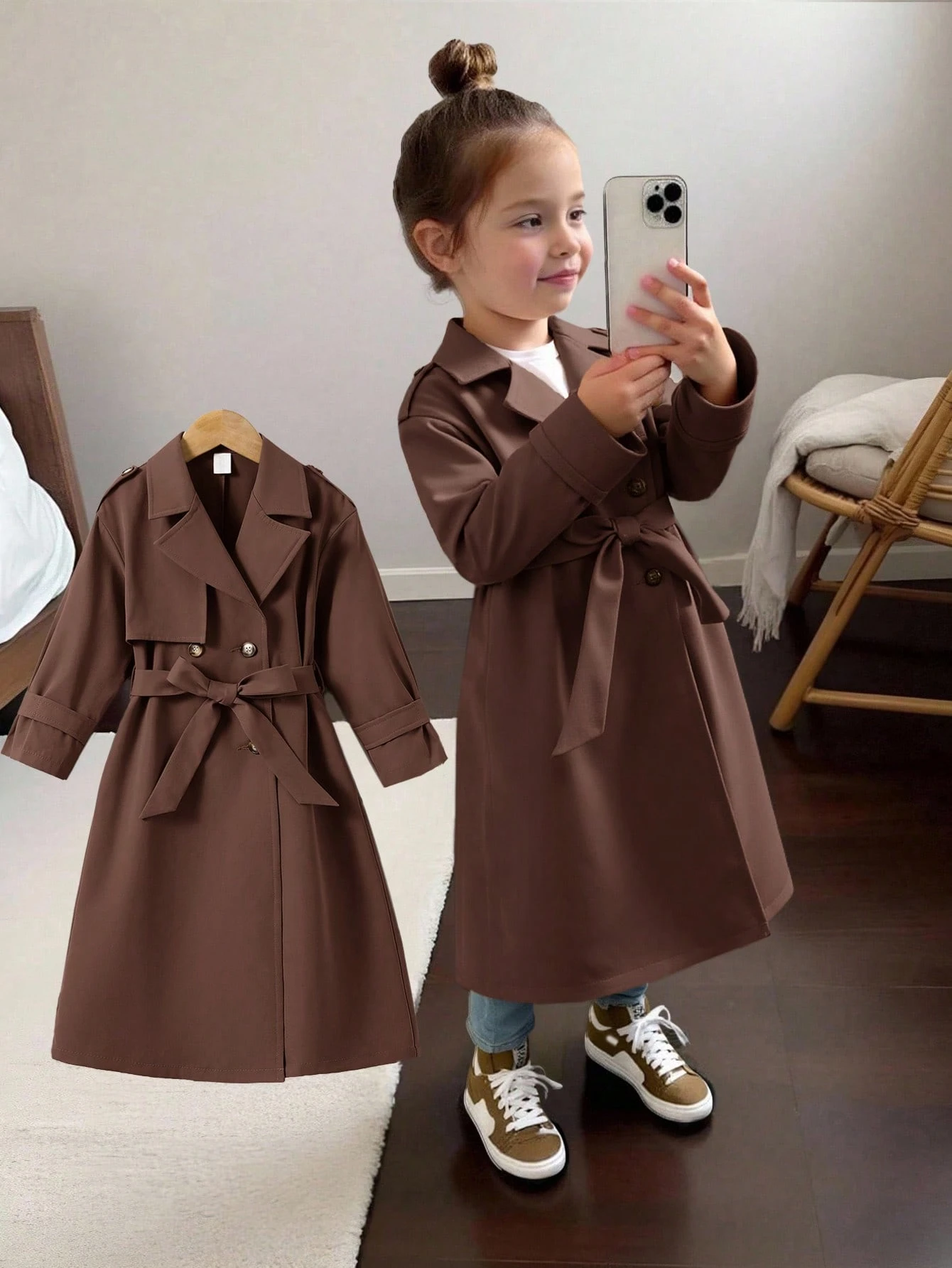Manteau trench long ample à double boutonnage avec revers tissé pour filles — vue 3