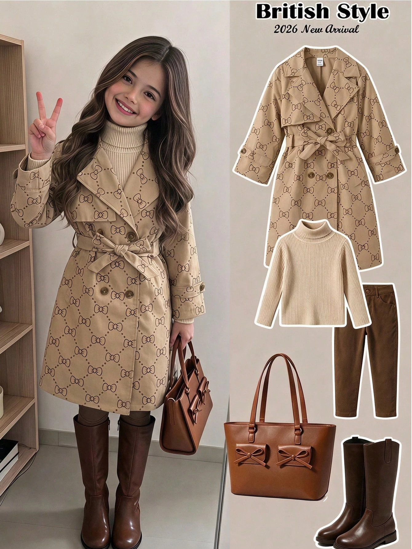 Manteau trench long ample à double boutonnage avec revers tissé pour filles — vue 4