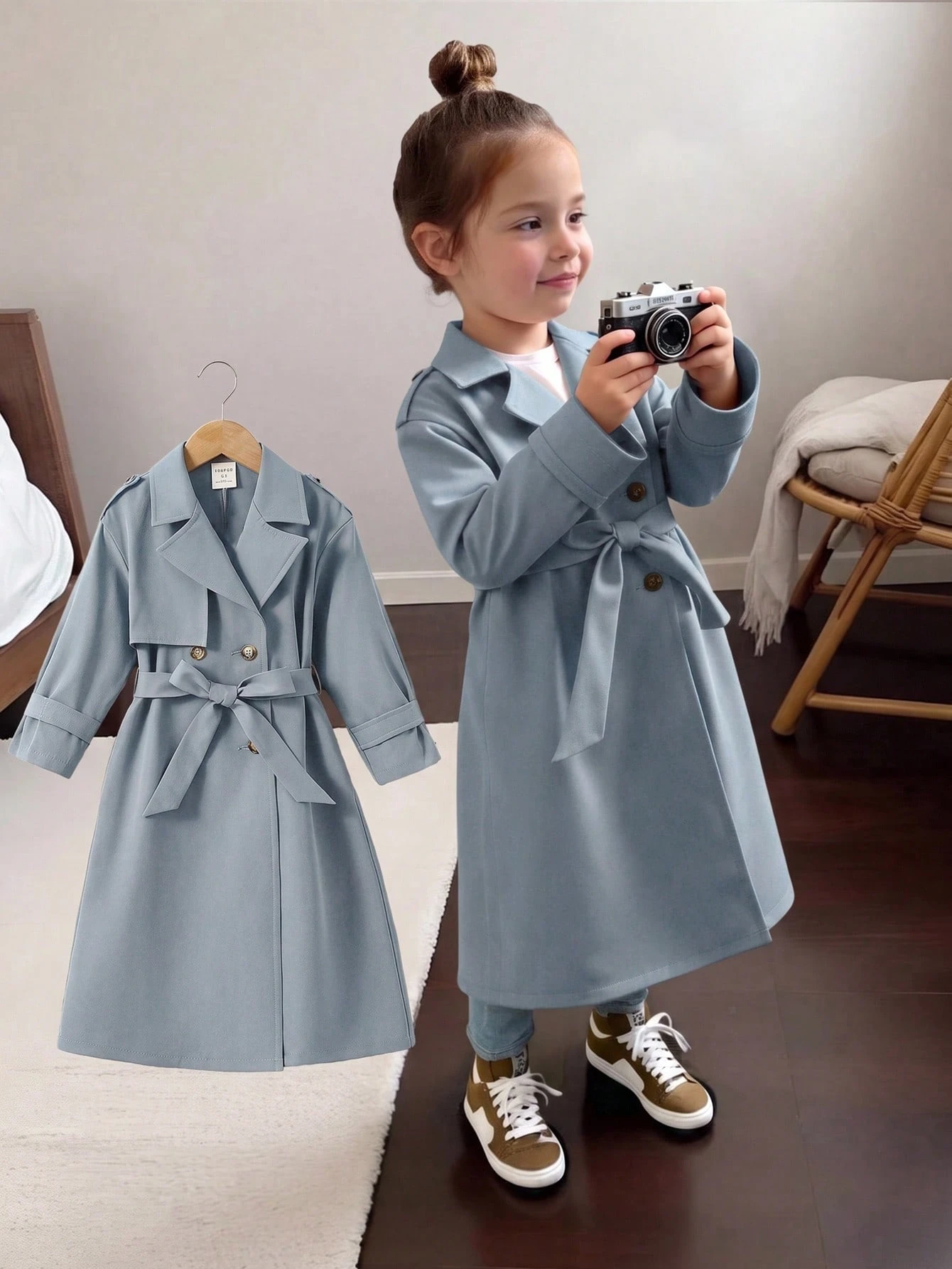 Manteau trench long ample à double boutonnage avec revers tissé pour filles — vue 5