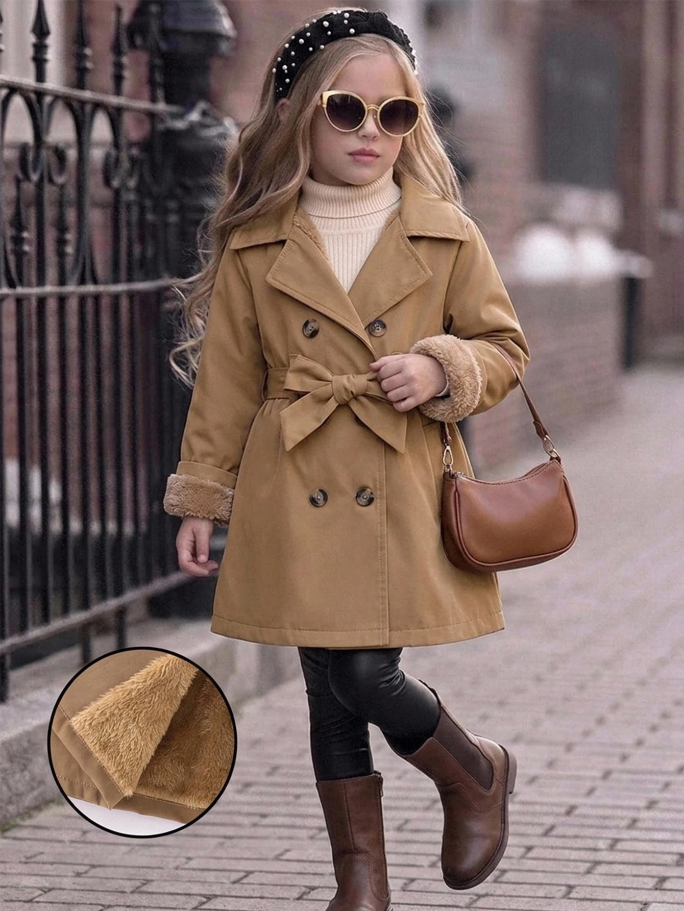 Manteau trench long ample à double boutonnage avec revers tissé pour filles — vue 6