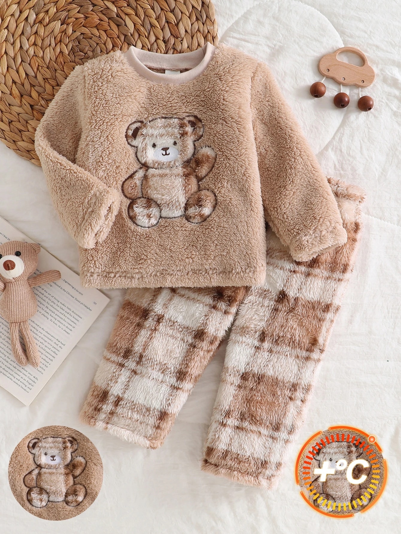 Ensemble pyjama bébé garçon confortable kaki avec patch ours en peluche brodé, Top à — vue 5