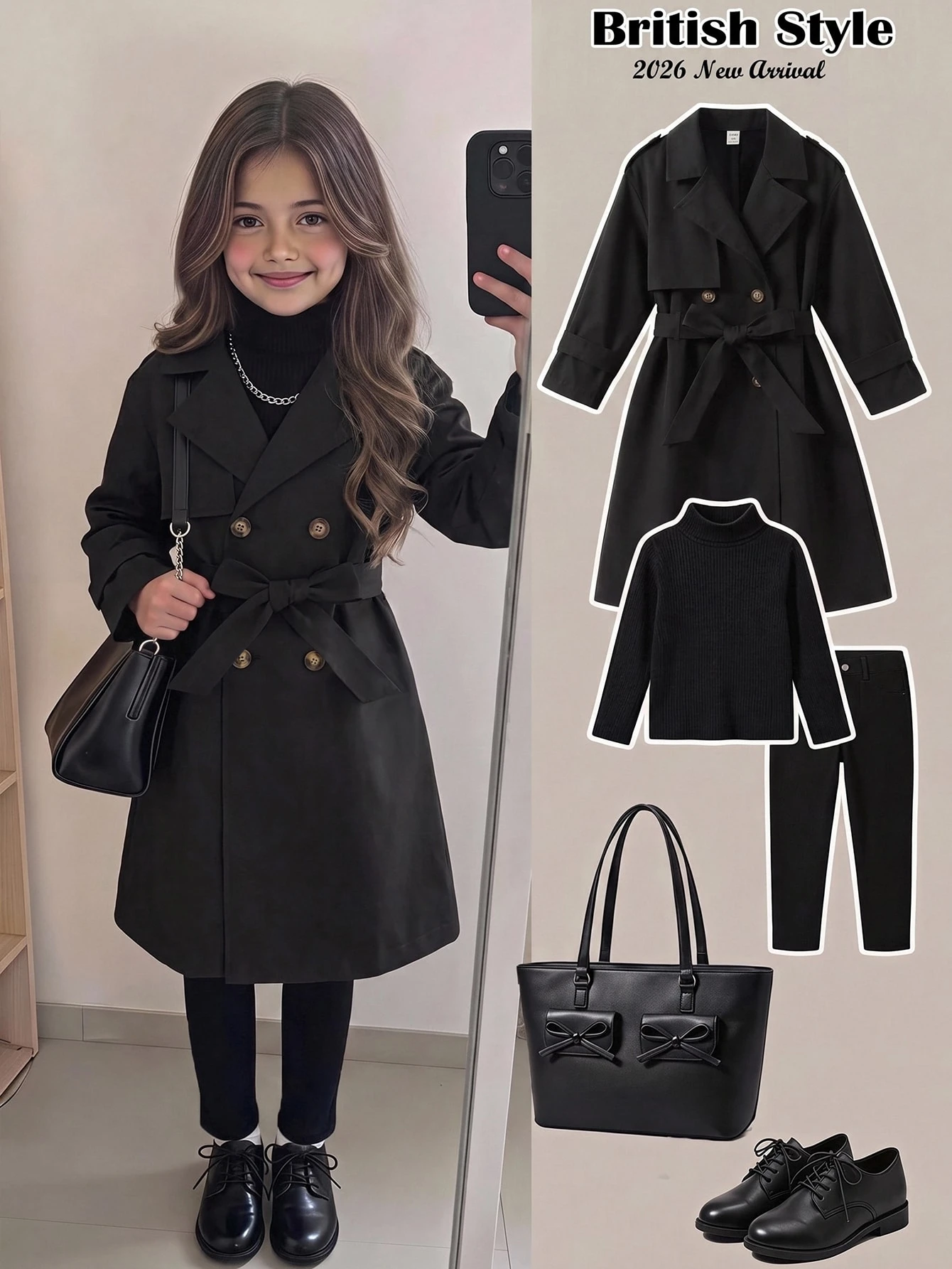 Manteau trench long ample à double boutonnage avec revers tissé pour filles