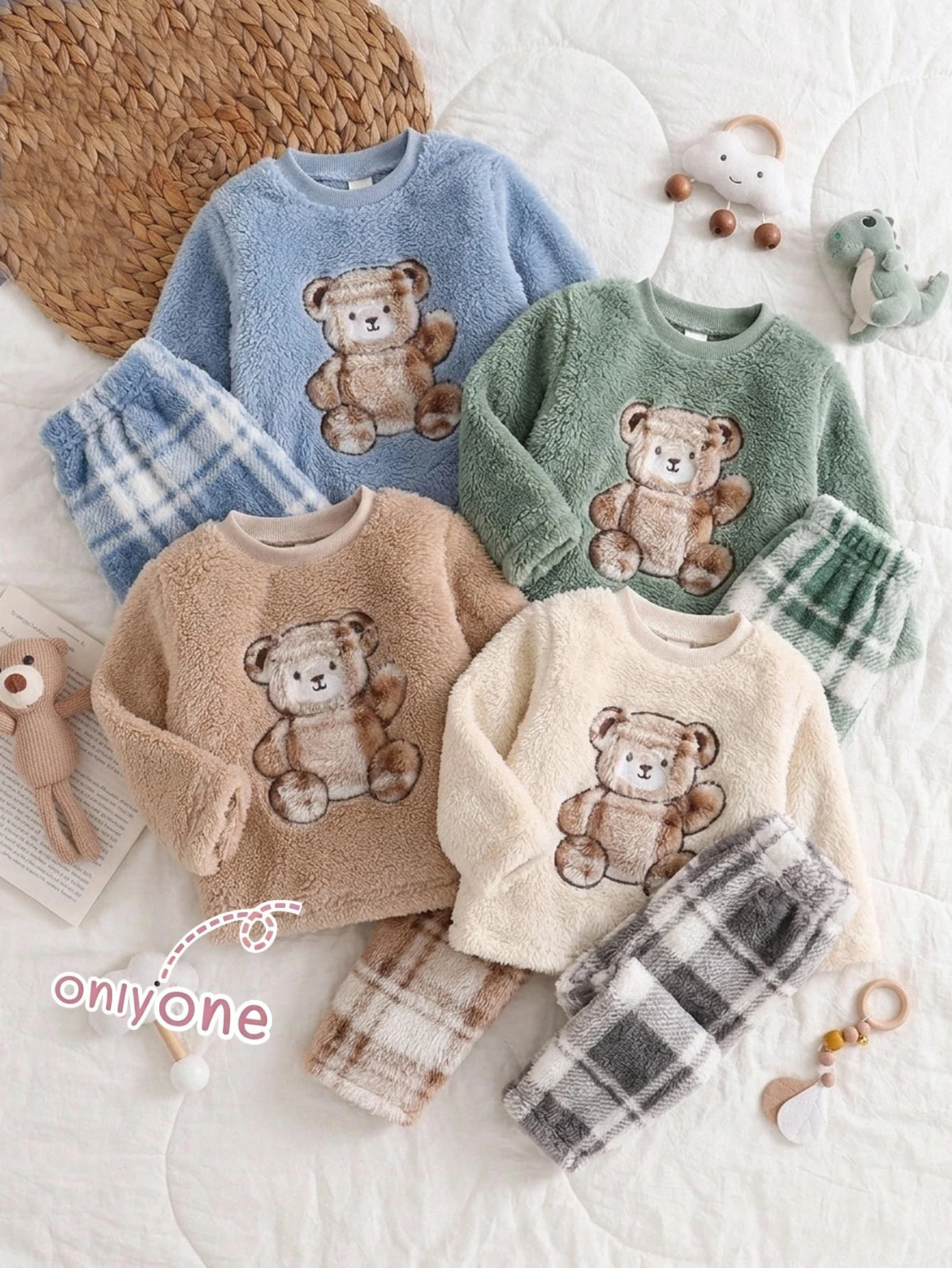Ensemble pyjama bébé garçon confortable kaki avec patch ours en peluche brodé, Top à