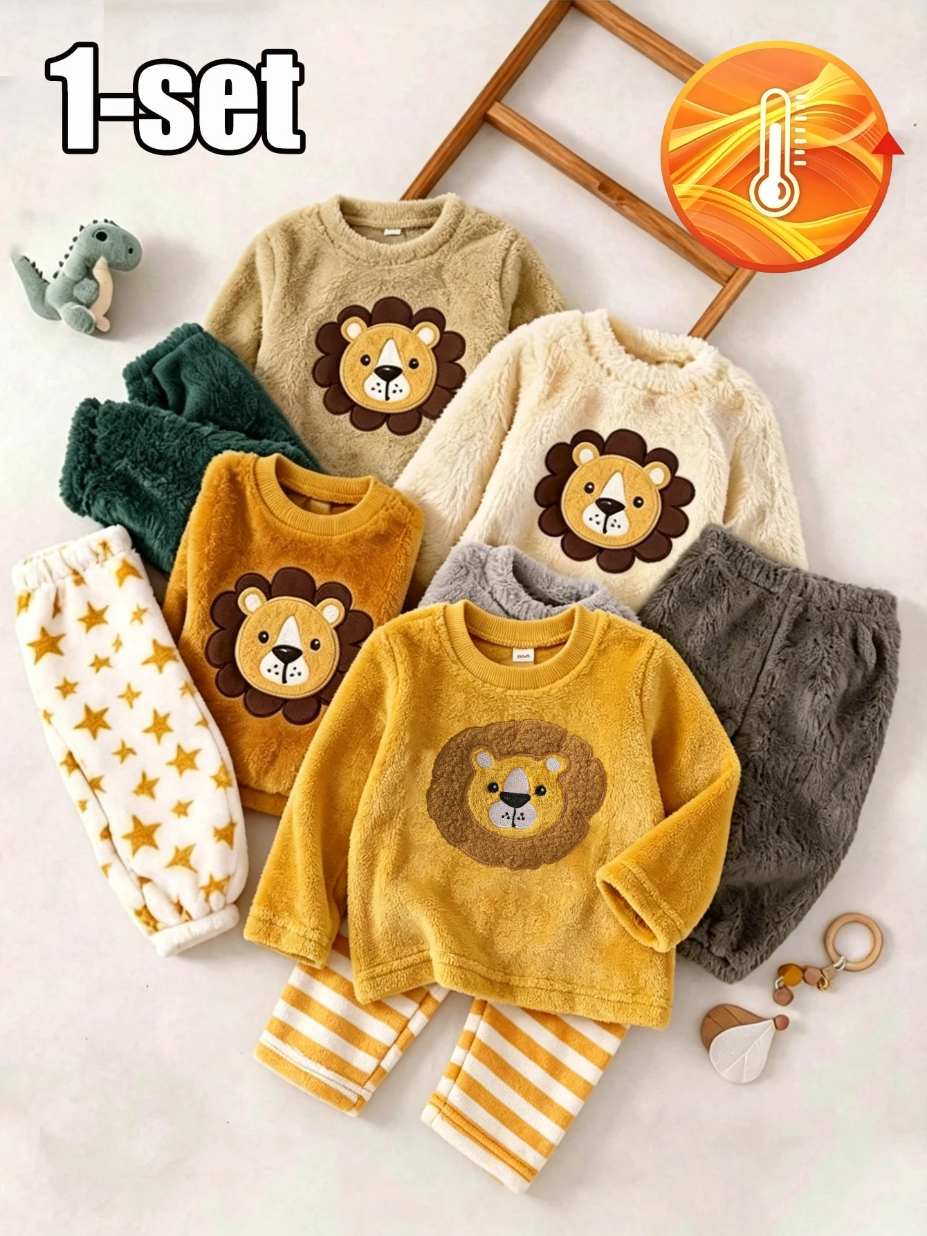 Ensemble pyjama bébé garçon confortable kaki avec patch ours en peluche brodé, Top à — vue 2