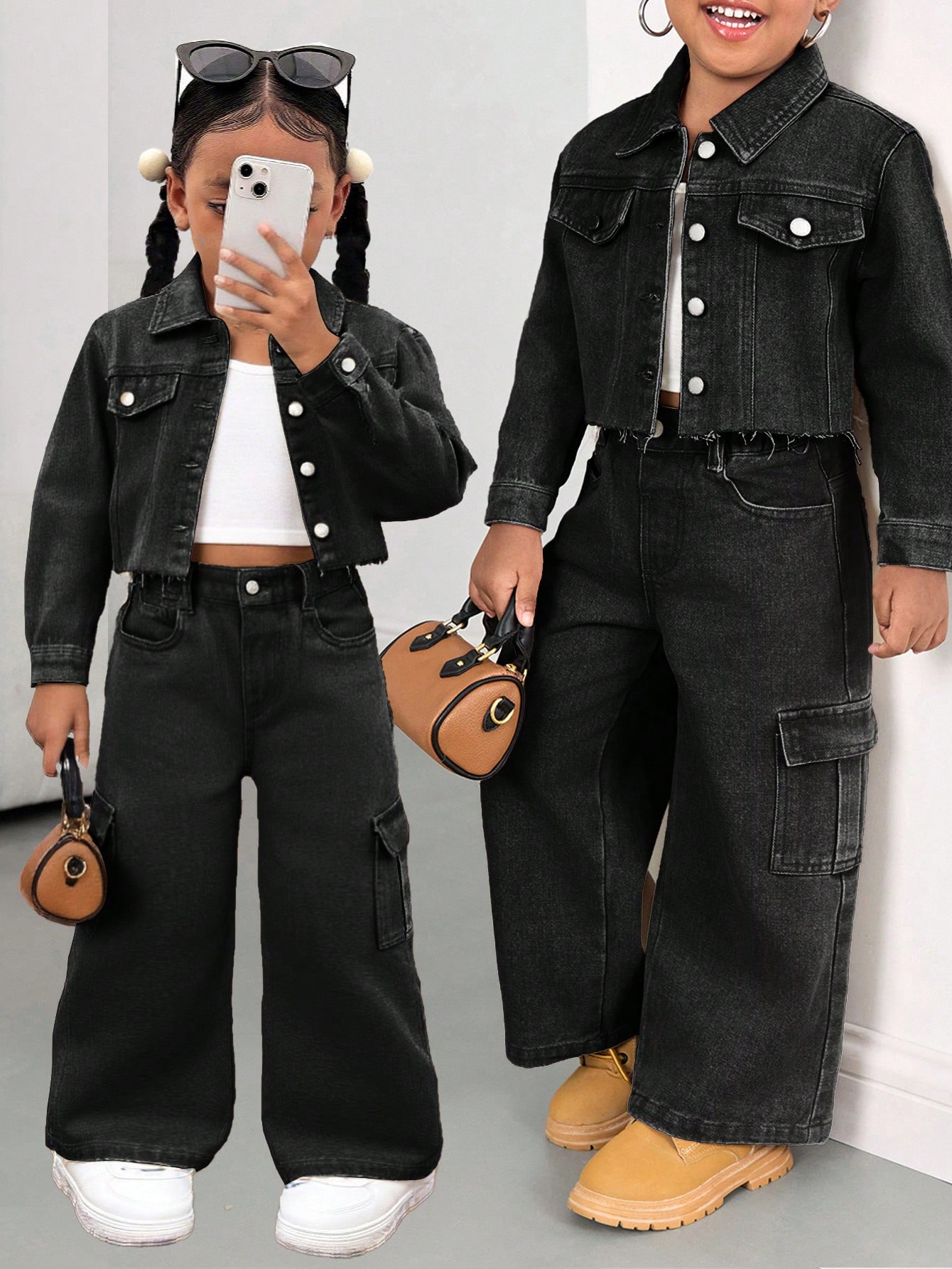 Enfants 2 pièces/Set Jeunes Filles Y2k Chic Coton Imprimé Léopard Veste Courte en Denim & — vue 7