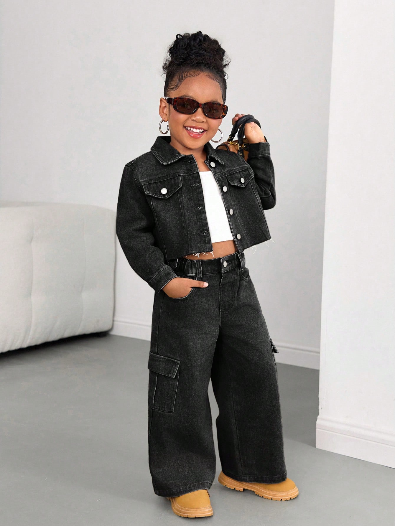 Enfants 2 pièces/Set Jeunes Filles Y2k Chic Coton Imprimé Léopard Veste Courte en Denim & — vue 12