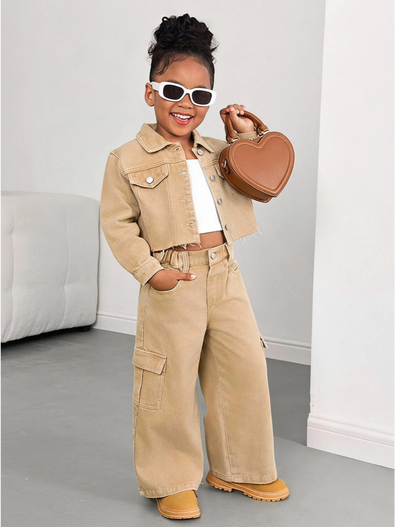 Enfants 2 pièces/Set Jeunes Filles Y2k Chic Coton Imprimé Léopard Veste Courte en Denim & — vue 9