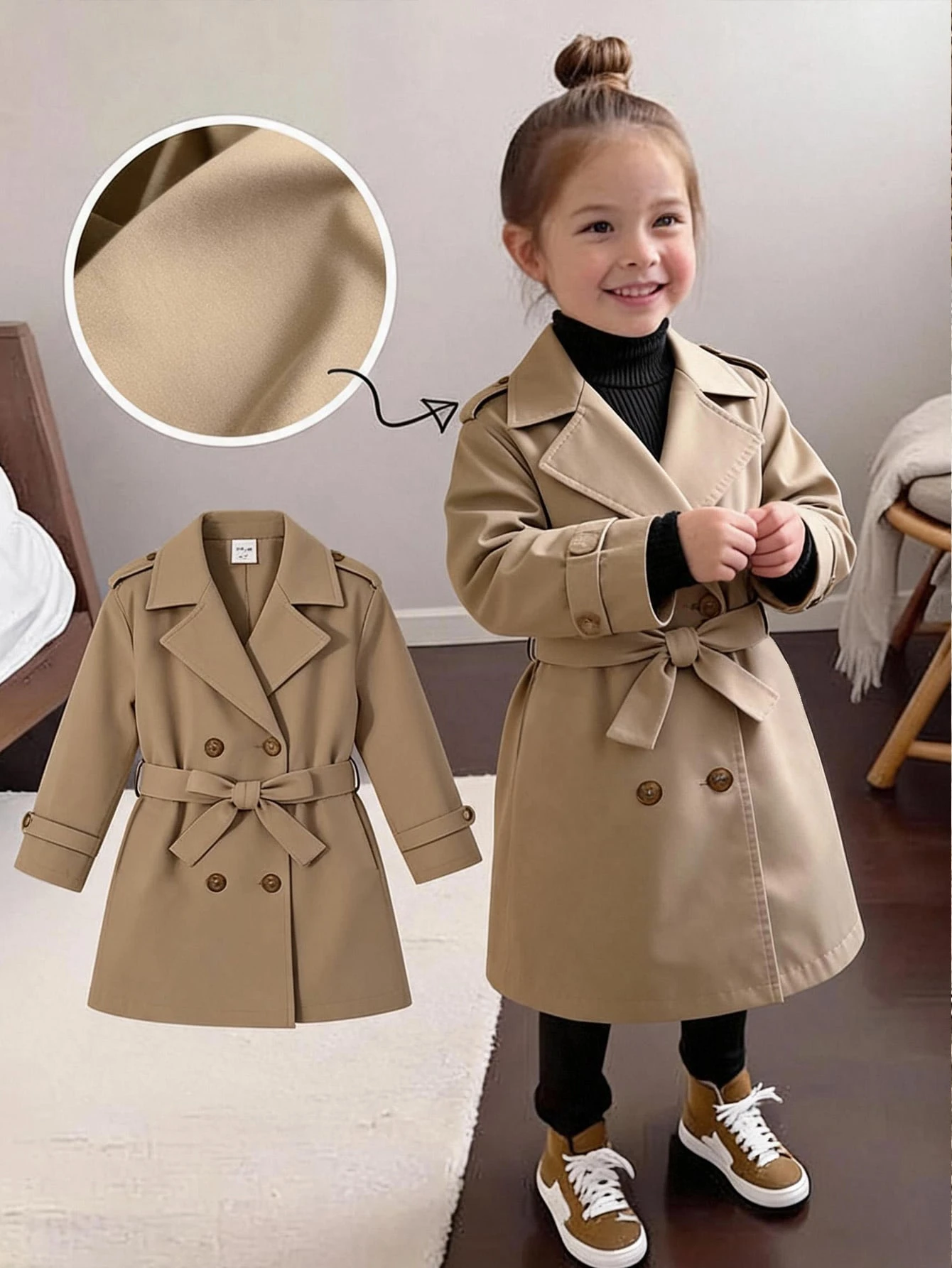 Manteau trench long ample à double boutonnage avec revers tissé pour filles — vue 2