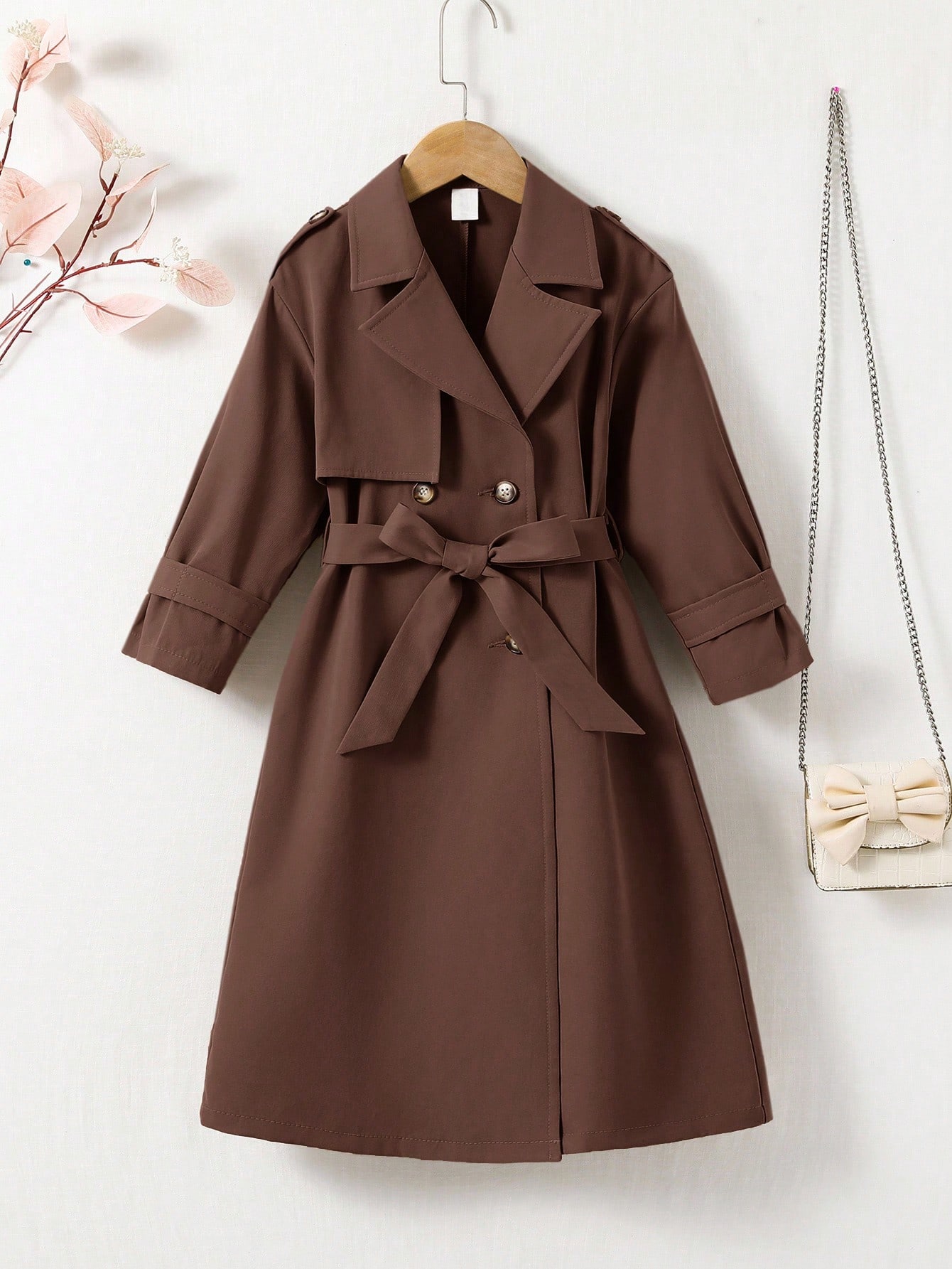 Manteau trench long ample à double boutonnage avec revers tissé pour filles — vue 10