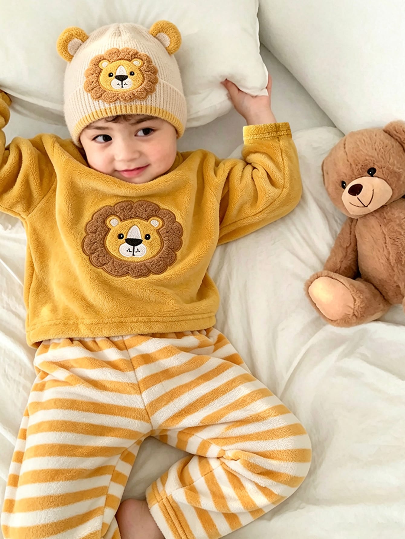 Ensemble pyjama bébé garçon confortable kaki avec patch ours en peluche brodé, Top à — vue 8