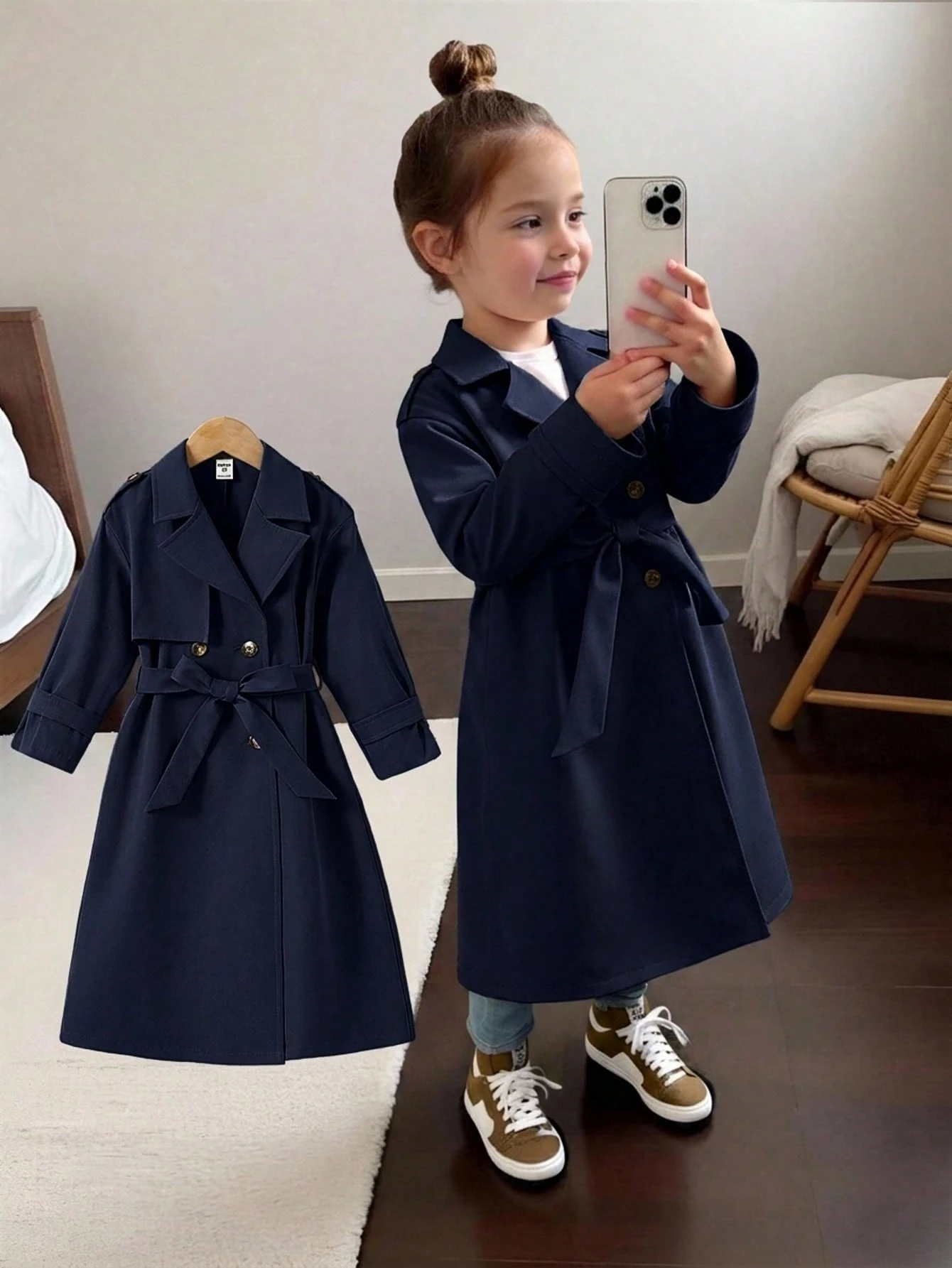 Manteau trench long ample à double boutonnage avec revers tissé pour filles — vue 7