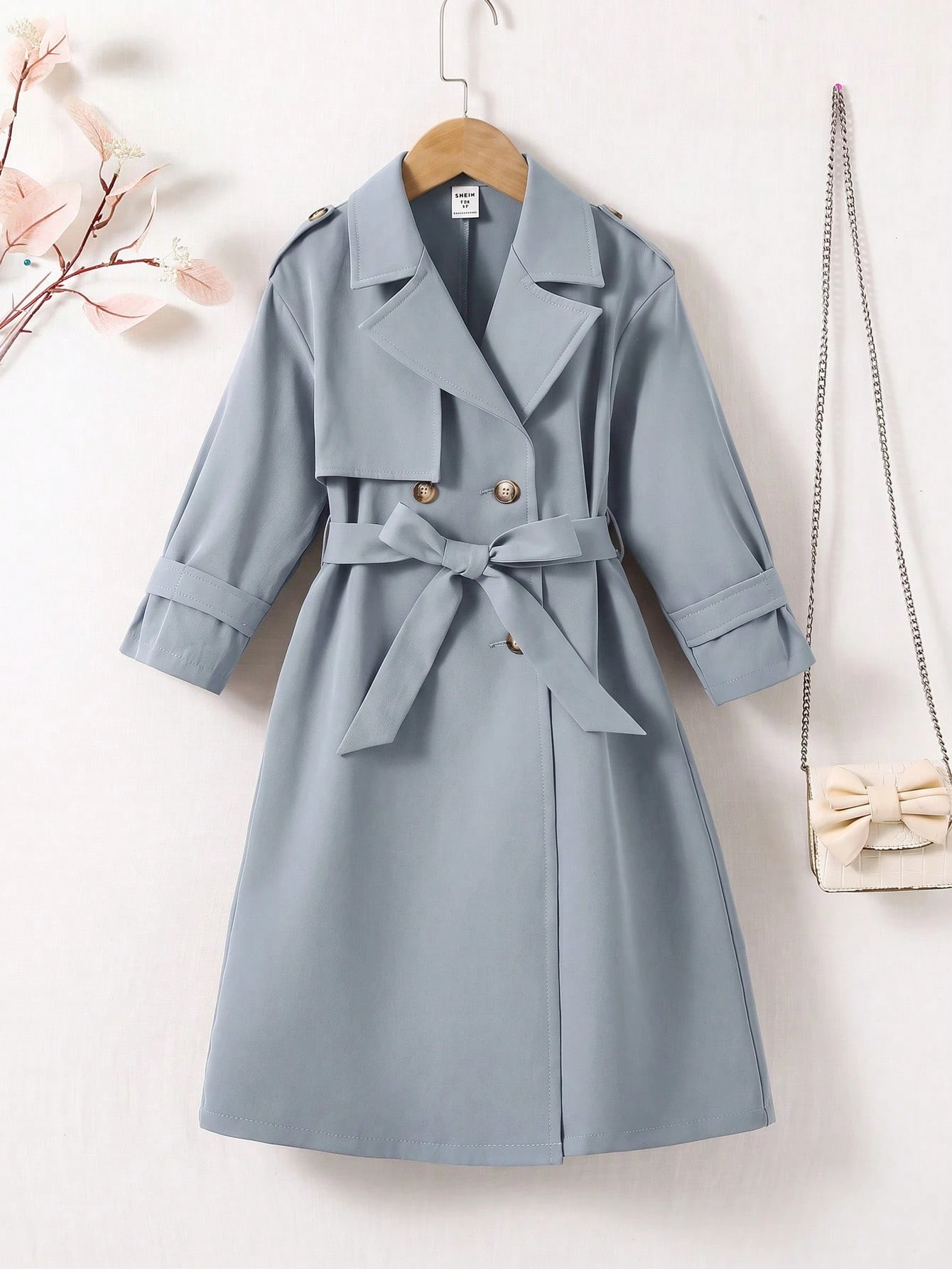 Manteau trench long ample à double boutonnage avec revers tissé pour filles — vue 12