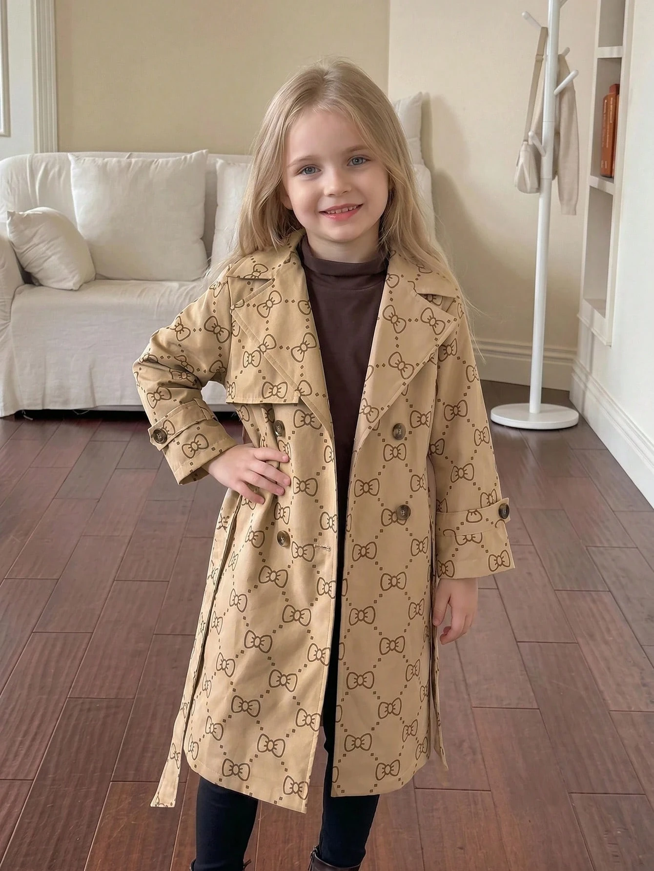 Manteau trench long ample à double boutonnage avec revers tissé pour filles — vue 11