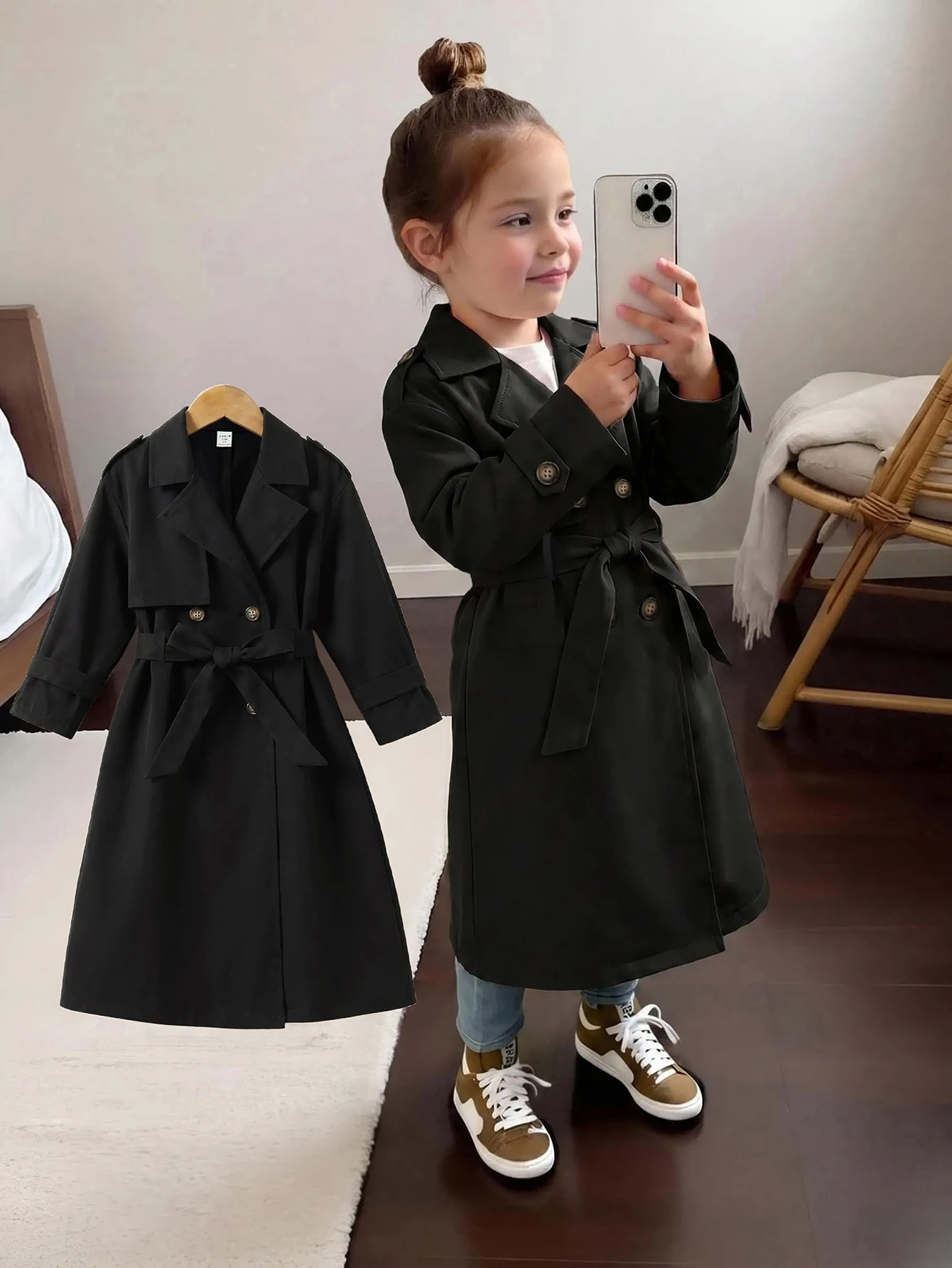 Manteau trench long ample à double boutonnage avec revers tissé pour filles — vue 8