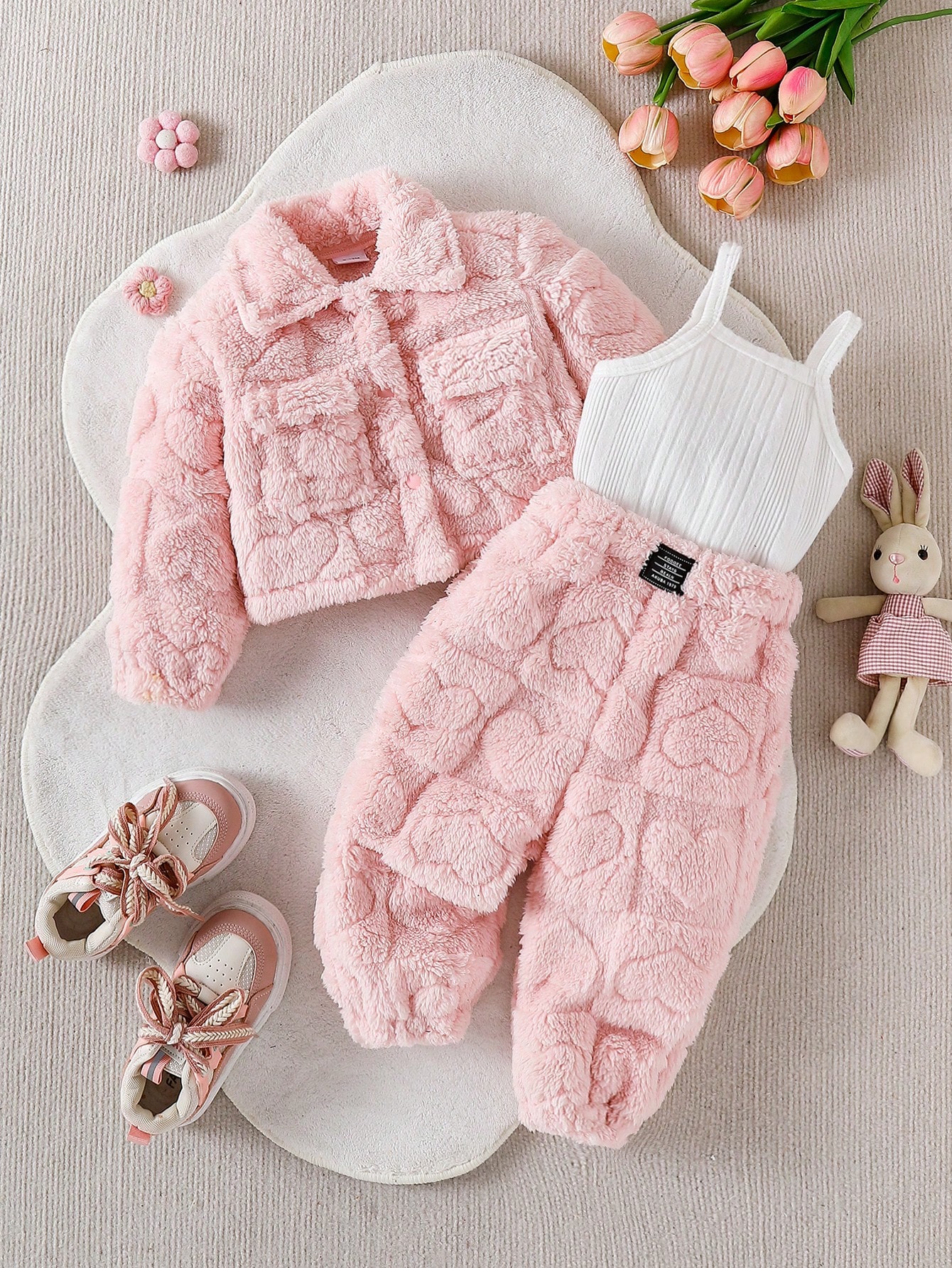 Veste rose décontractée et pelucheuse à manches longues, pantalon de survêtement long et