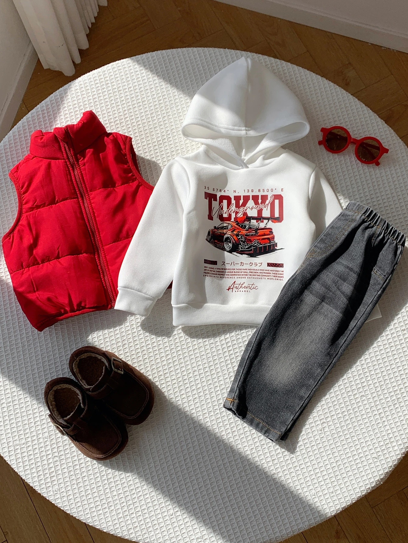 Ensemble 3 pièces pour bébé garçon automne/hiver, gilet en polaire rouge — vue 5