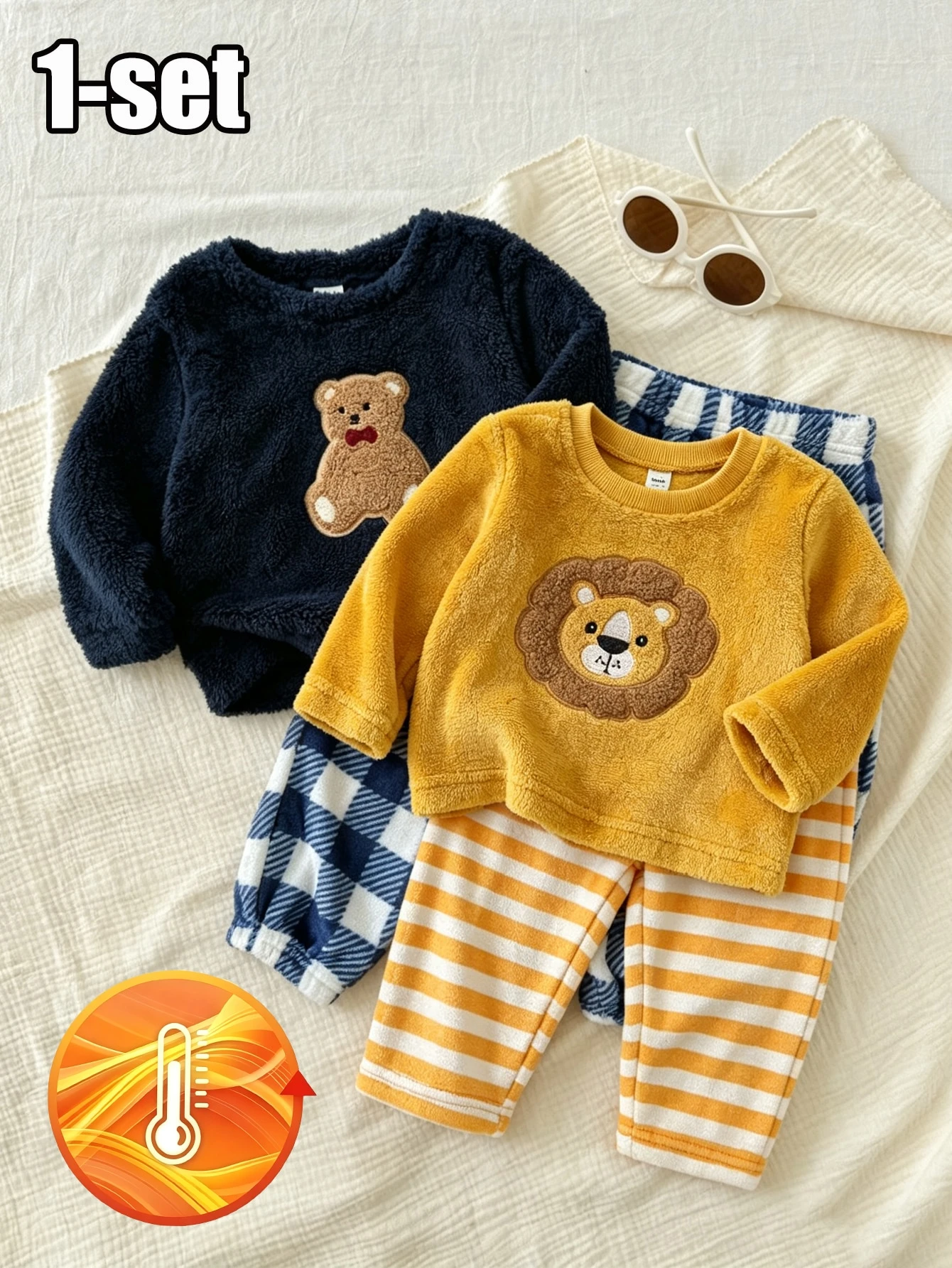 Ensemble pyjama bébé garçon confortable kaki avec patch ours en peluche brodé, Top à — vue 10