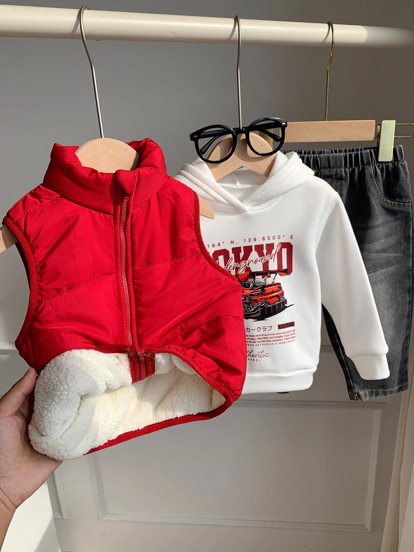 Ensemble 3 pièces pour bébé garçon automne/hiver, gilet en polaire rouge — vue 11