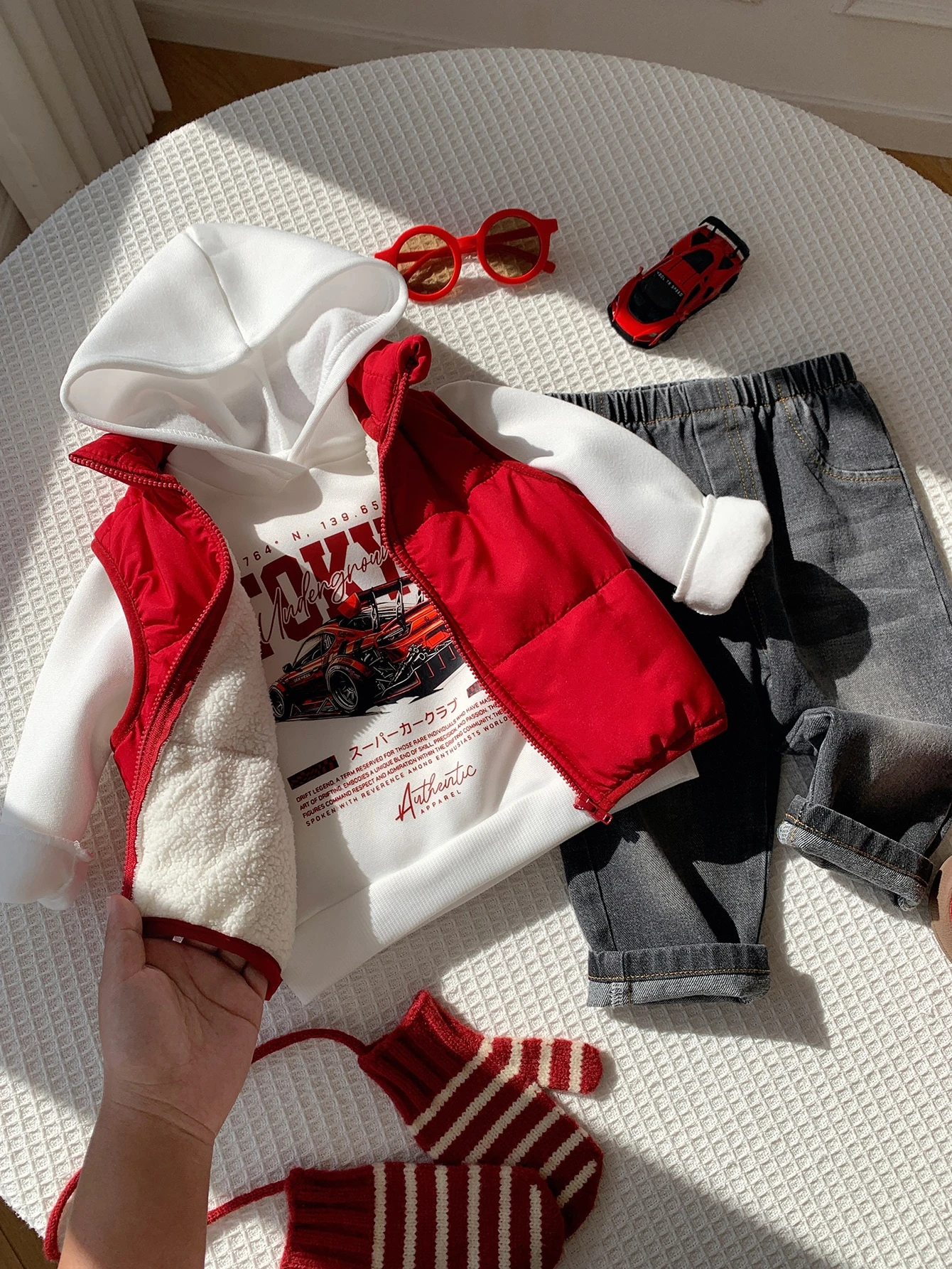 Ensemble 3 pièces pour bébé garçon automne/hiver, gilet en polaire rouge — vue 7