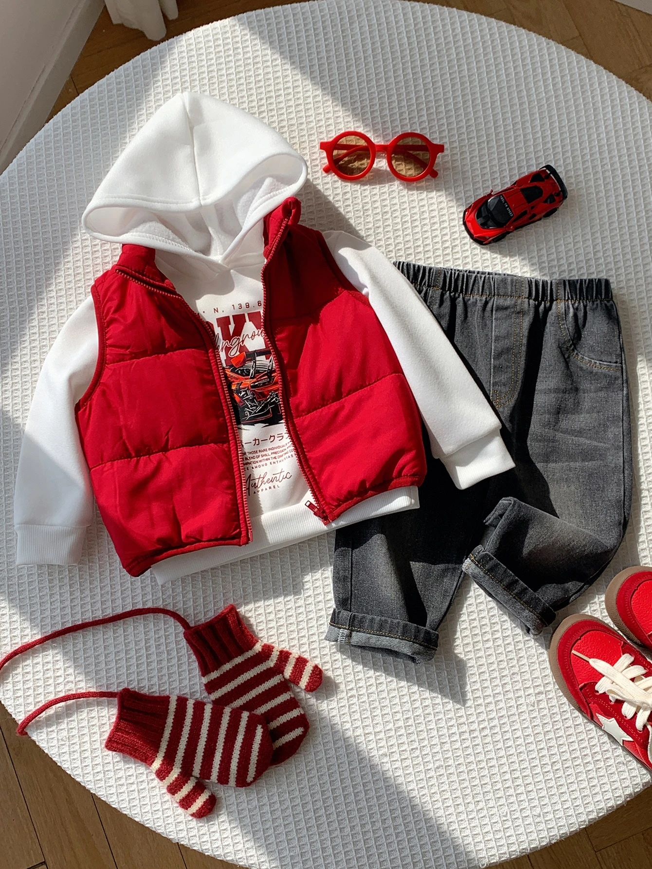 Ensemble 3 pièces pour bébé garçon automne/hiver, gilet en polaire rouge — vue 9