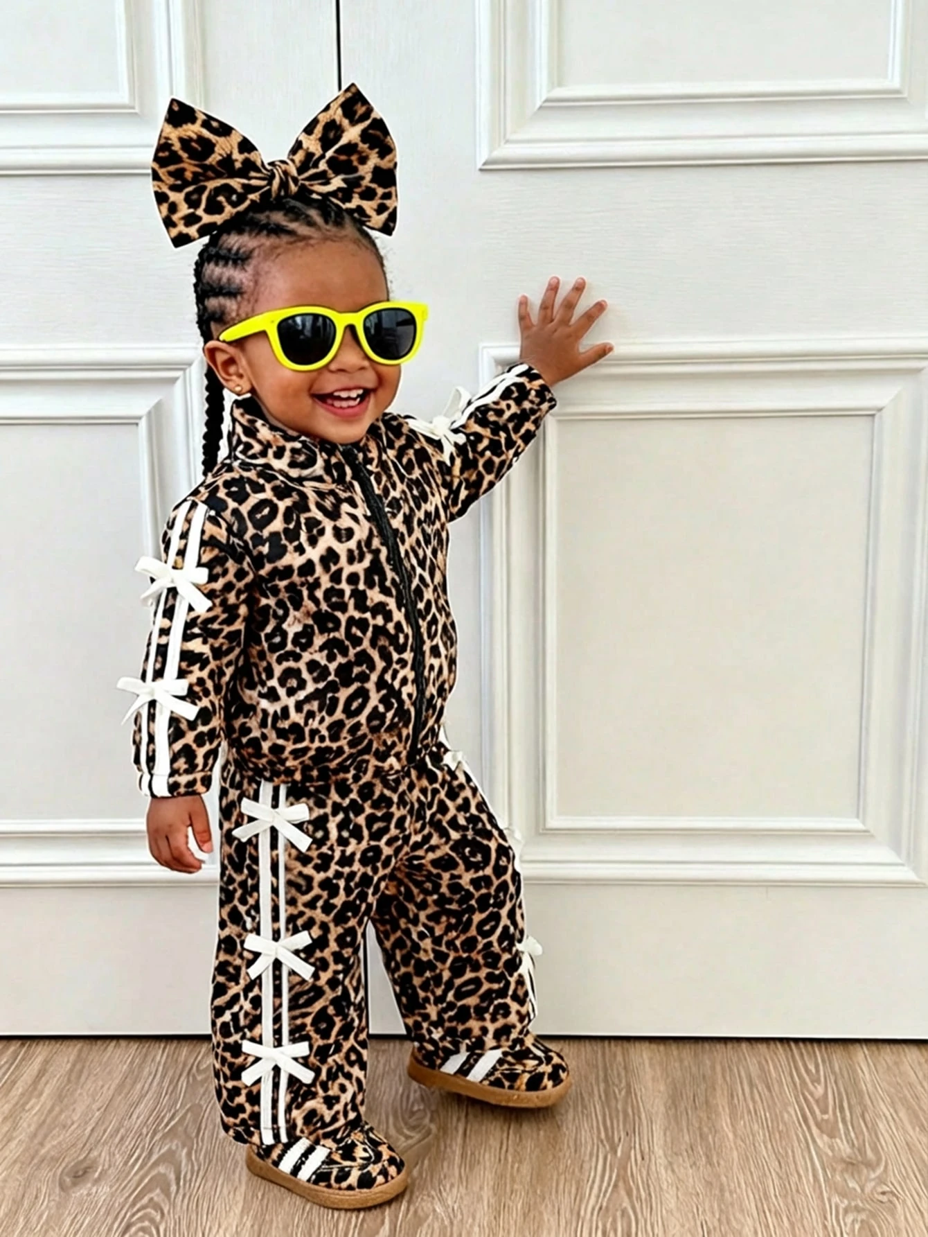 Ensemble 2 pièces pour bébé fille, veste zippée imprimé léopard mignon & pantalon
