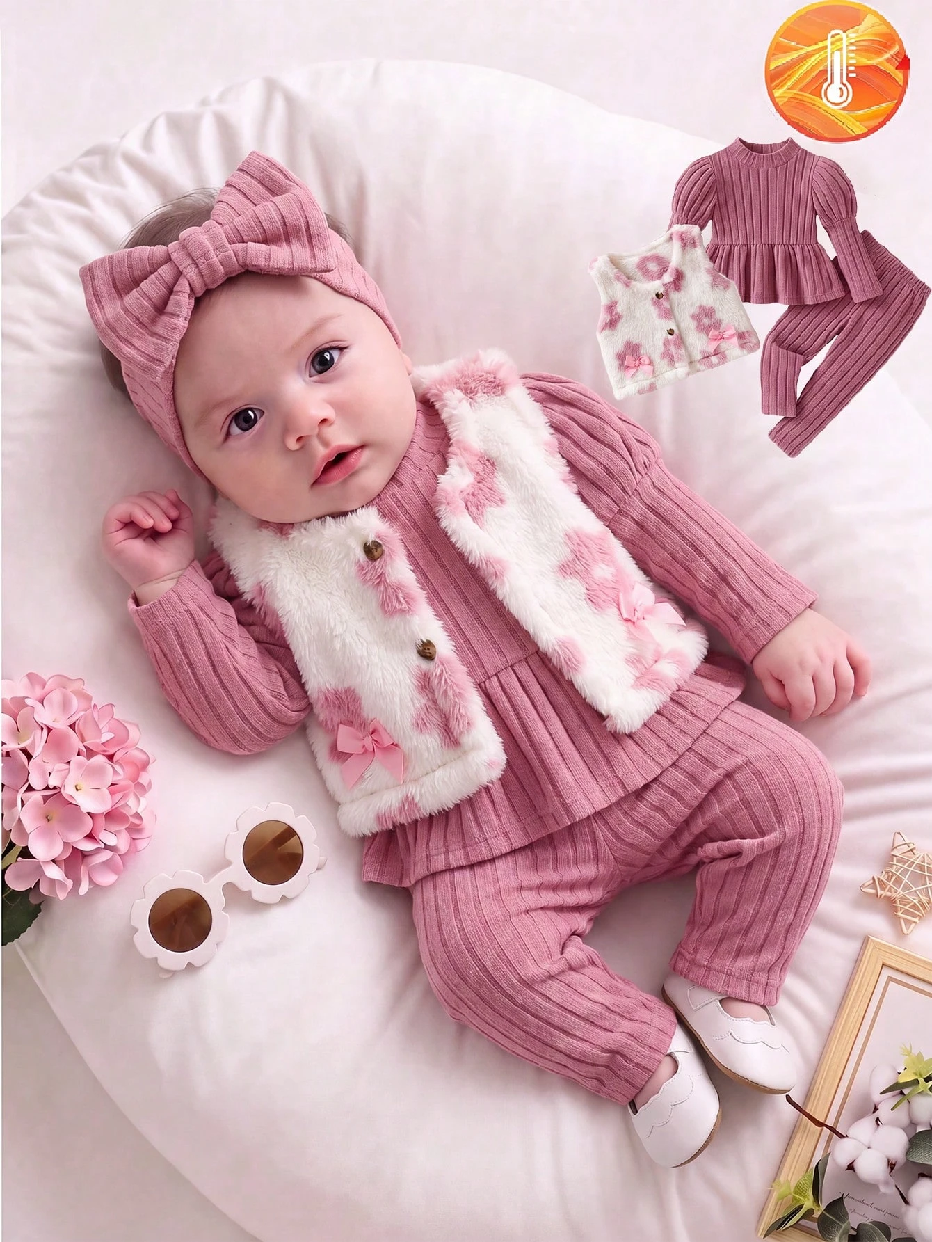 Ensemble 3 pièces pour bébé fille, robe rouge unie simple et mode, gilet et — vue 2