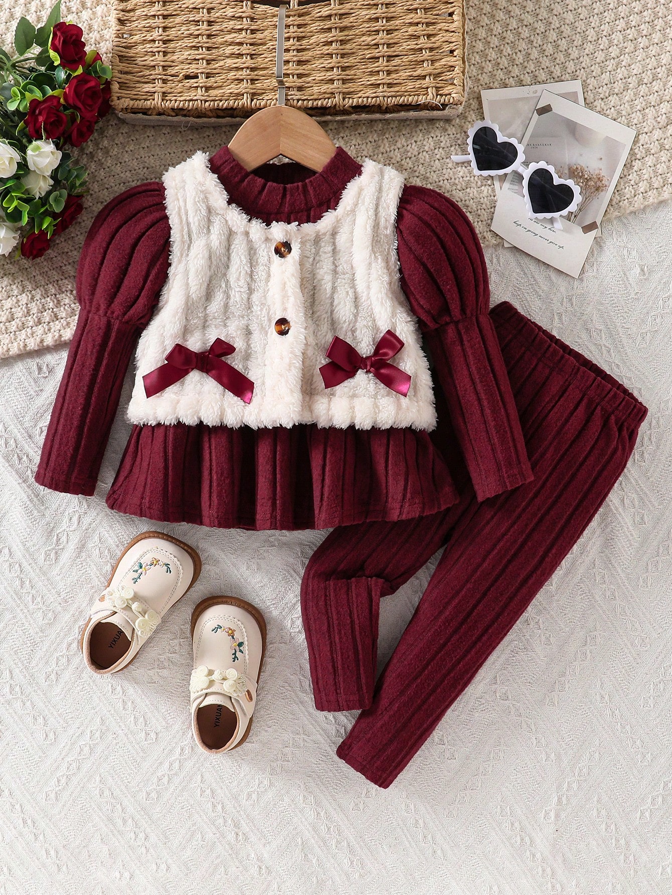 Ensemble 3 pièces pour bébé fille, robe rouge unie simple et mode, gilet et — vue 5