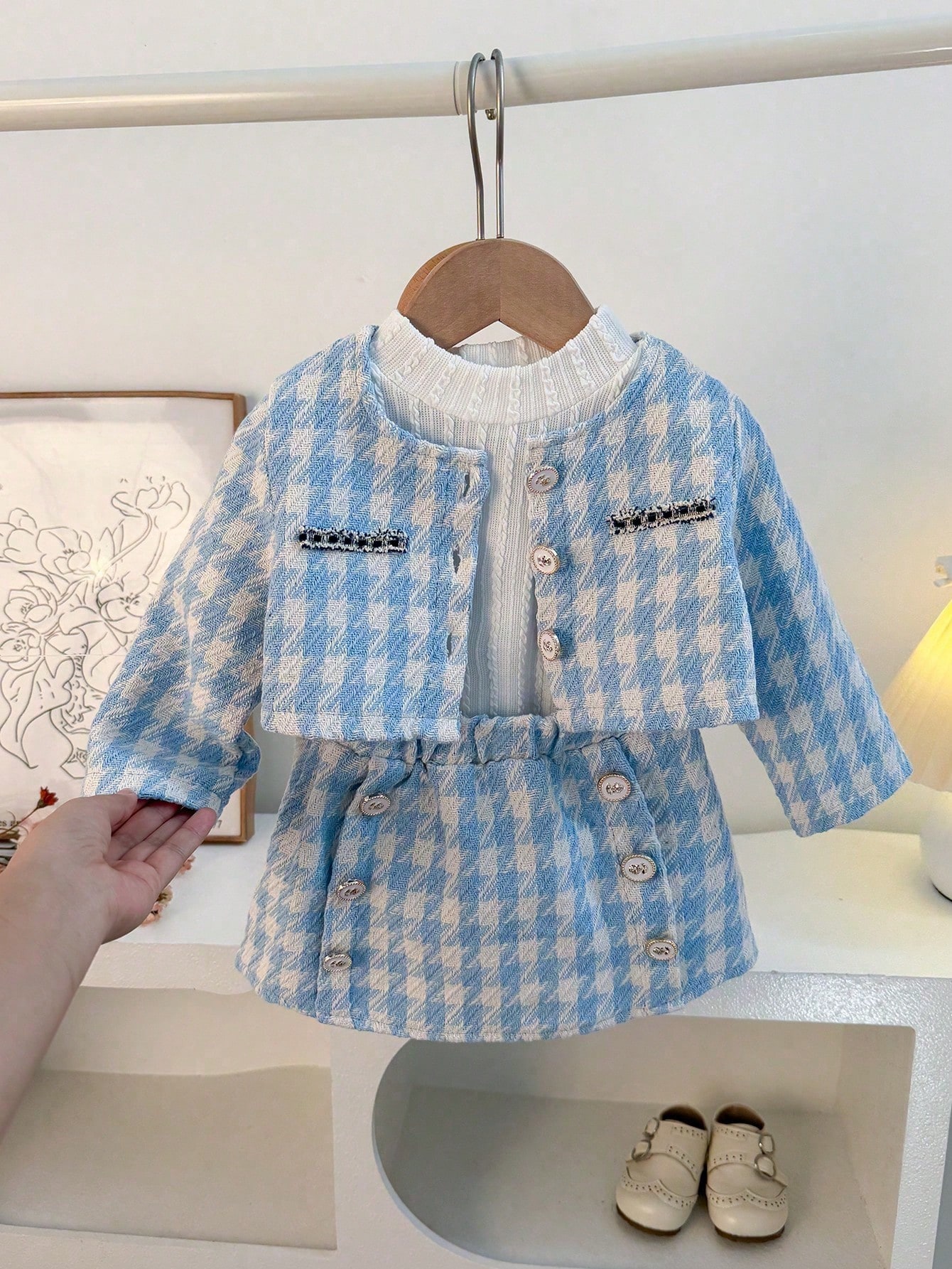 /Set Veste à carreaux rouges à la mode pour tout-petites filles, Top col roulé et Jupe à — vue 3