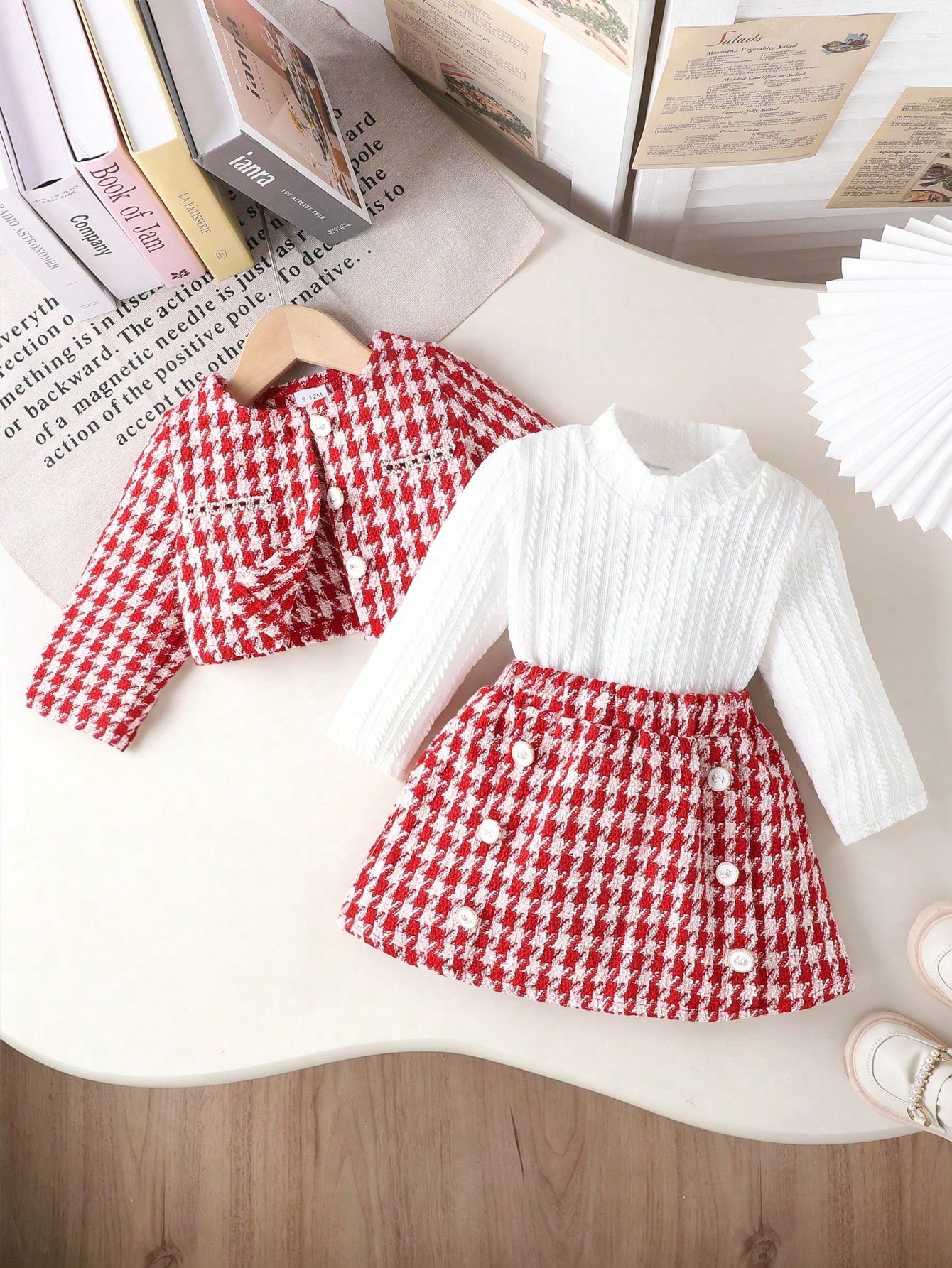 /Set Veste à carreaux rouges à la mode pour tout-petites filles, Top col roulé et Jupe à — vue 2
