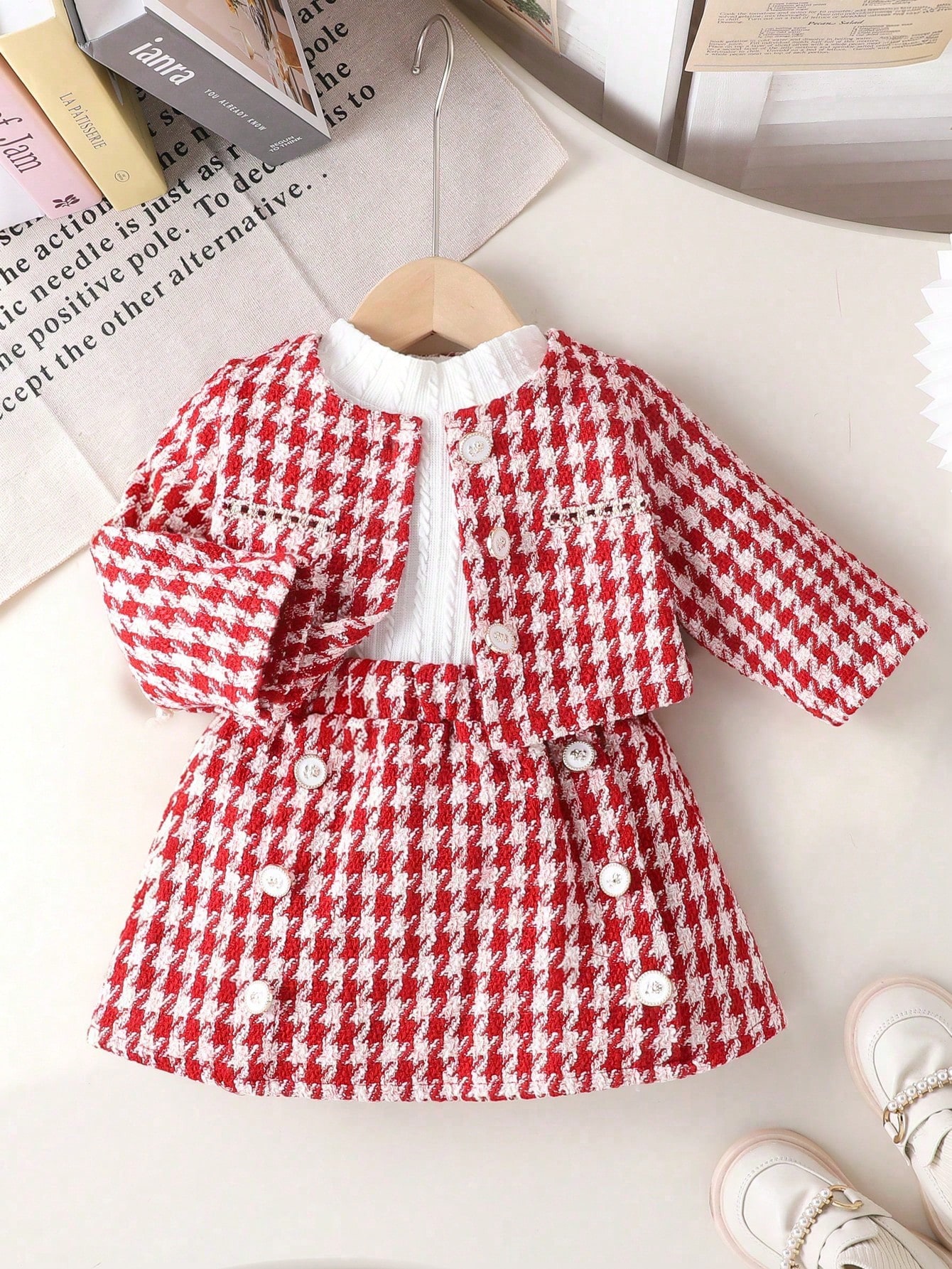 /Set Veste à carreaux rouges à la mode pour tout-petites filles, Top col roulé et Jupe à — vue 4