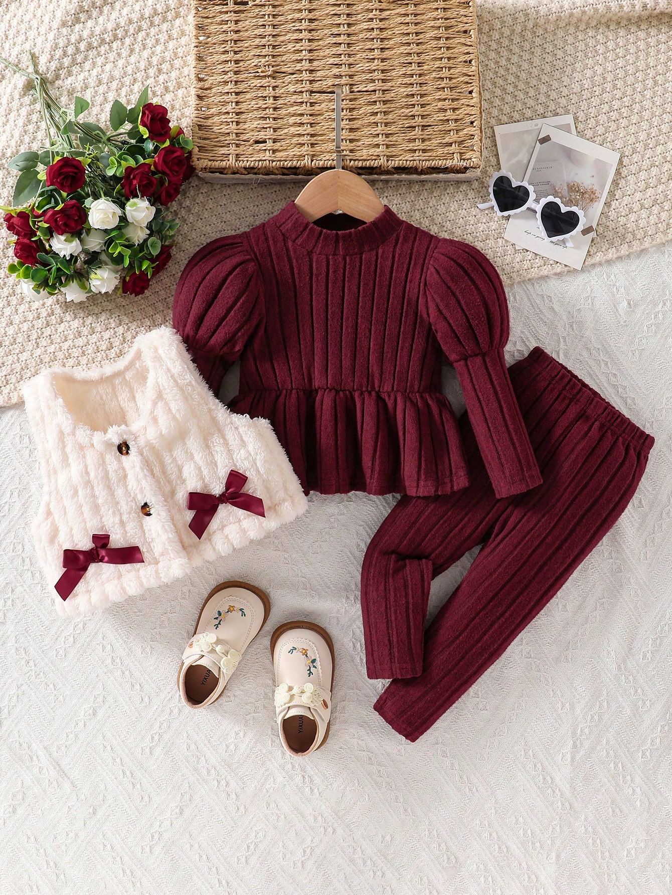 Ensemble 3 pièces pour bébé fille, robe rouge unie simple et mode, gilet et