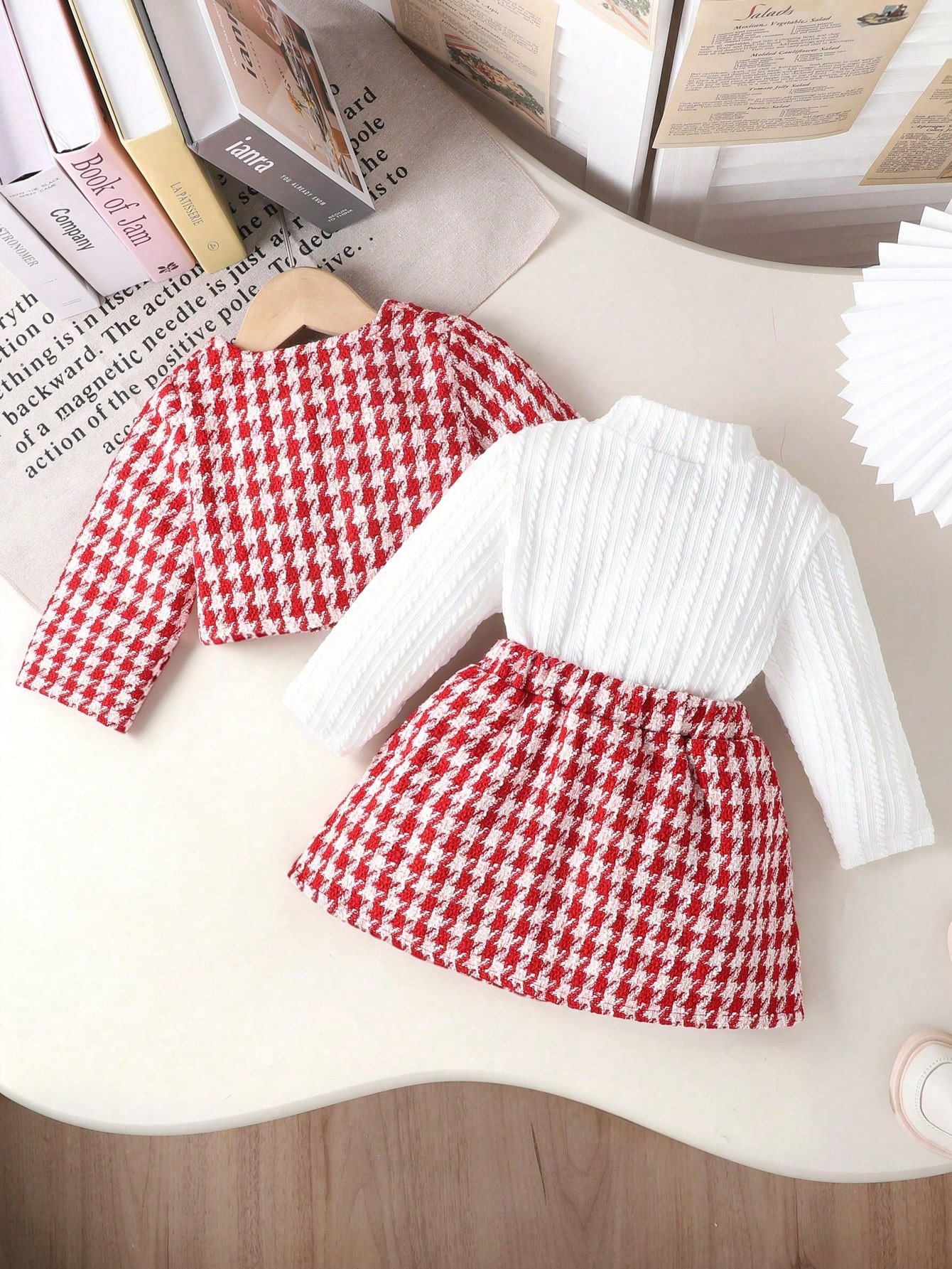 /Set Veste à carreaux rouges à la mode pour tout-petites filles, Top col roulé et Jupe à — vue 6